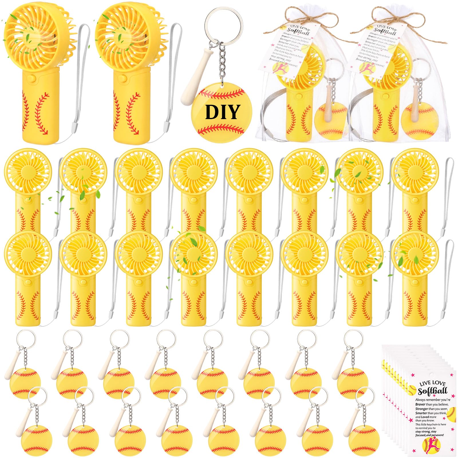 Tuanse Juego de 64 llaveros acrílicos portátiles para sóftbol, regalos de equipo deportivo con tarjetas motivacionales, bolsas de organza, ventilador alimentado por pilas, llaveros con nombre para