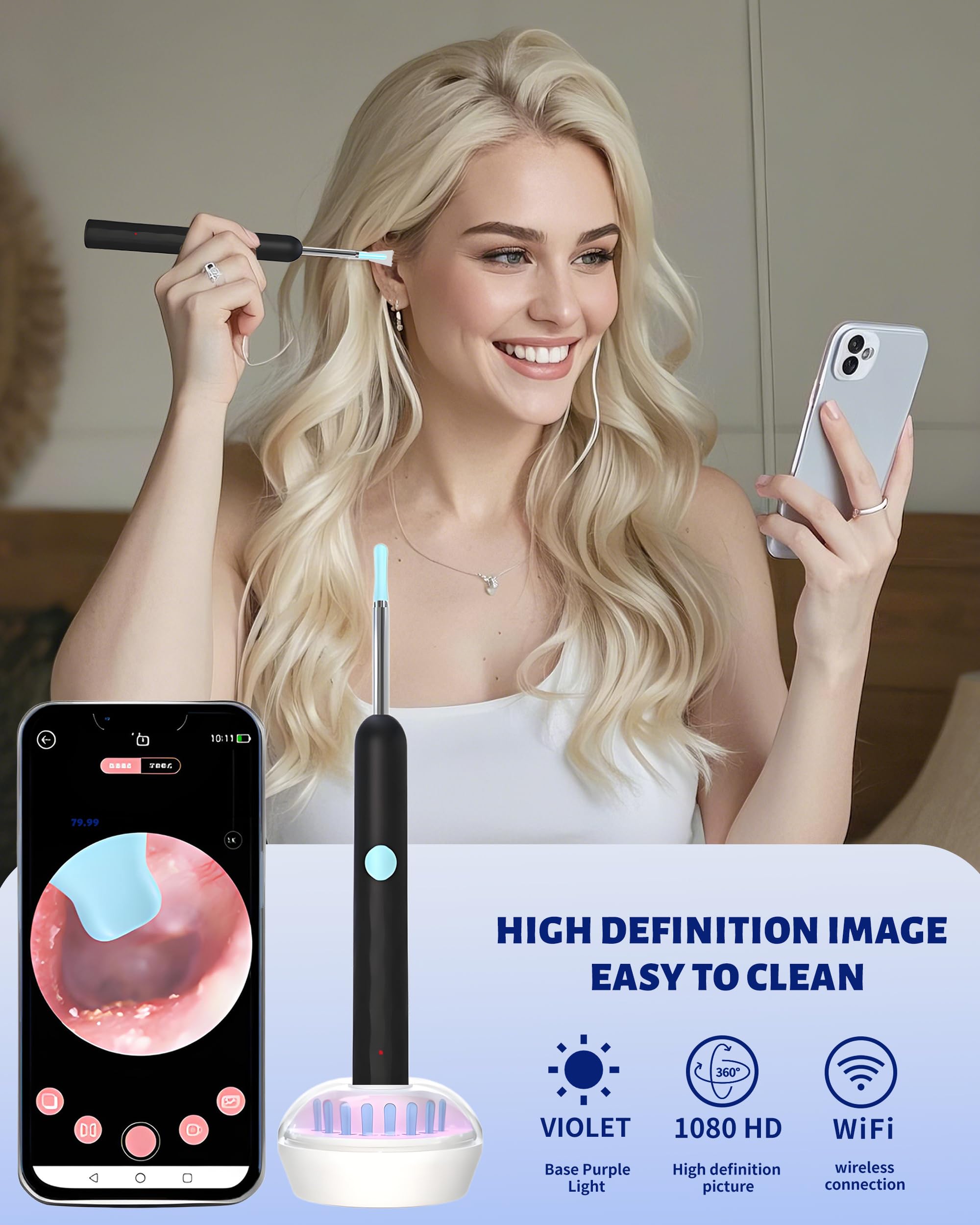 Doeean Visual Earwax Removal Tool Upgraded Purple Light Cleaning Intelligent 1080P HD High Definition Otoscope Camera Bright Led Light Compatible with iOS and Android (White/TES)