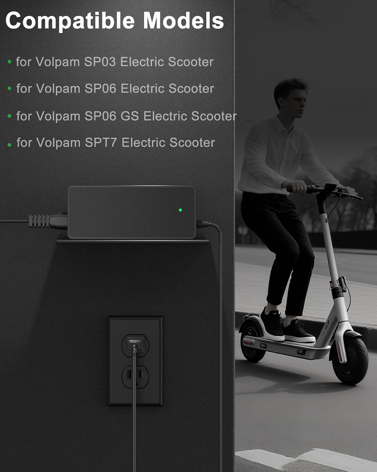 Graphic showing compatible Volpam scooter models and the charger connected to a scooter
