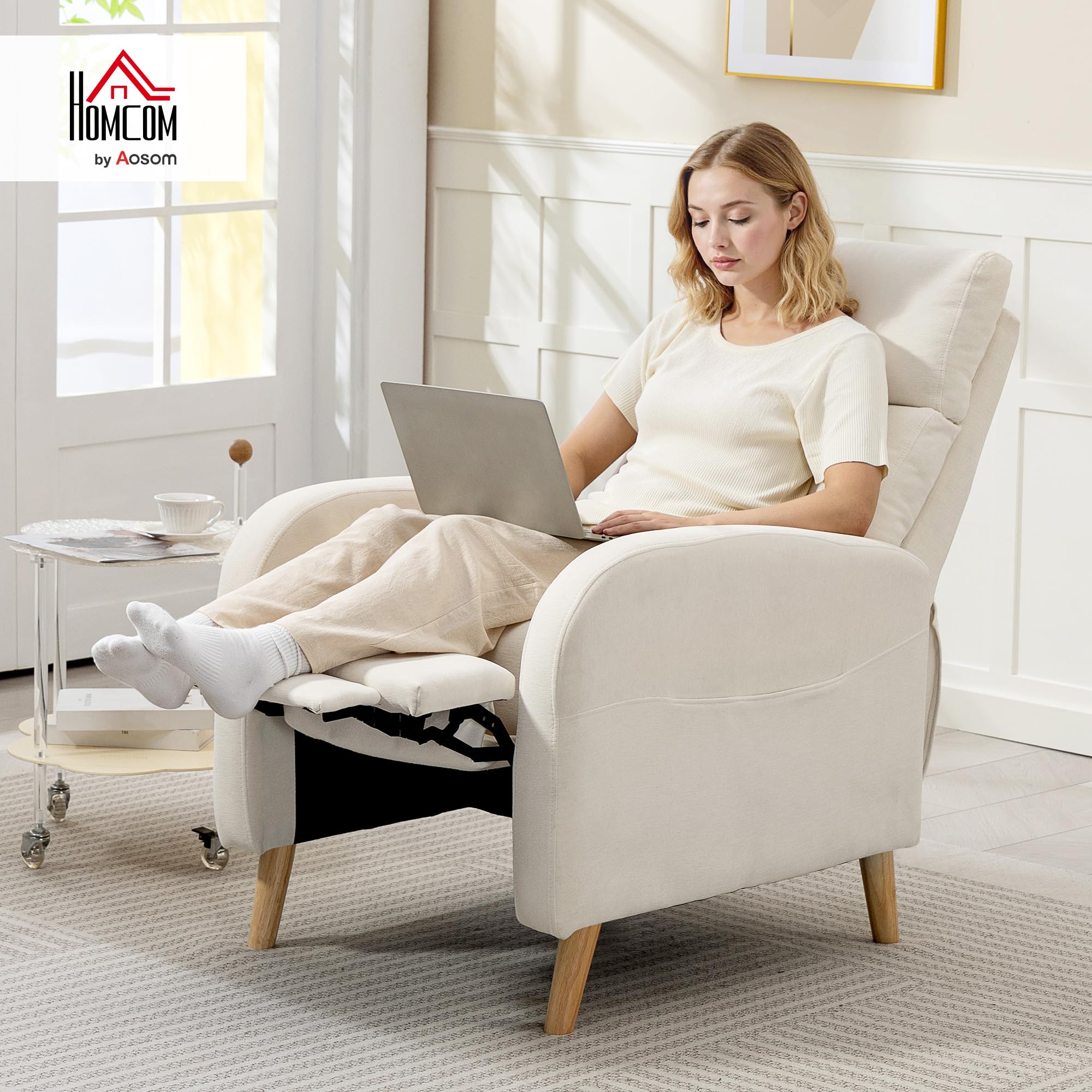 HOMCOM Sillón Relax Reclinable Manual Sillón Relax Tapizado en Lino Sintético con Reposapiés y Bolsillo Lateral Carga 135 kg Sillón Reclinable para Dormitorio Oficina Crema