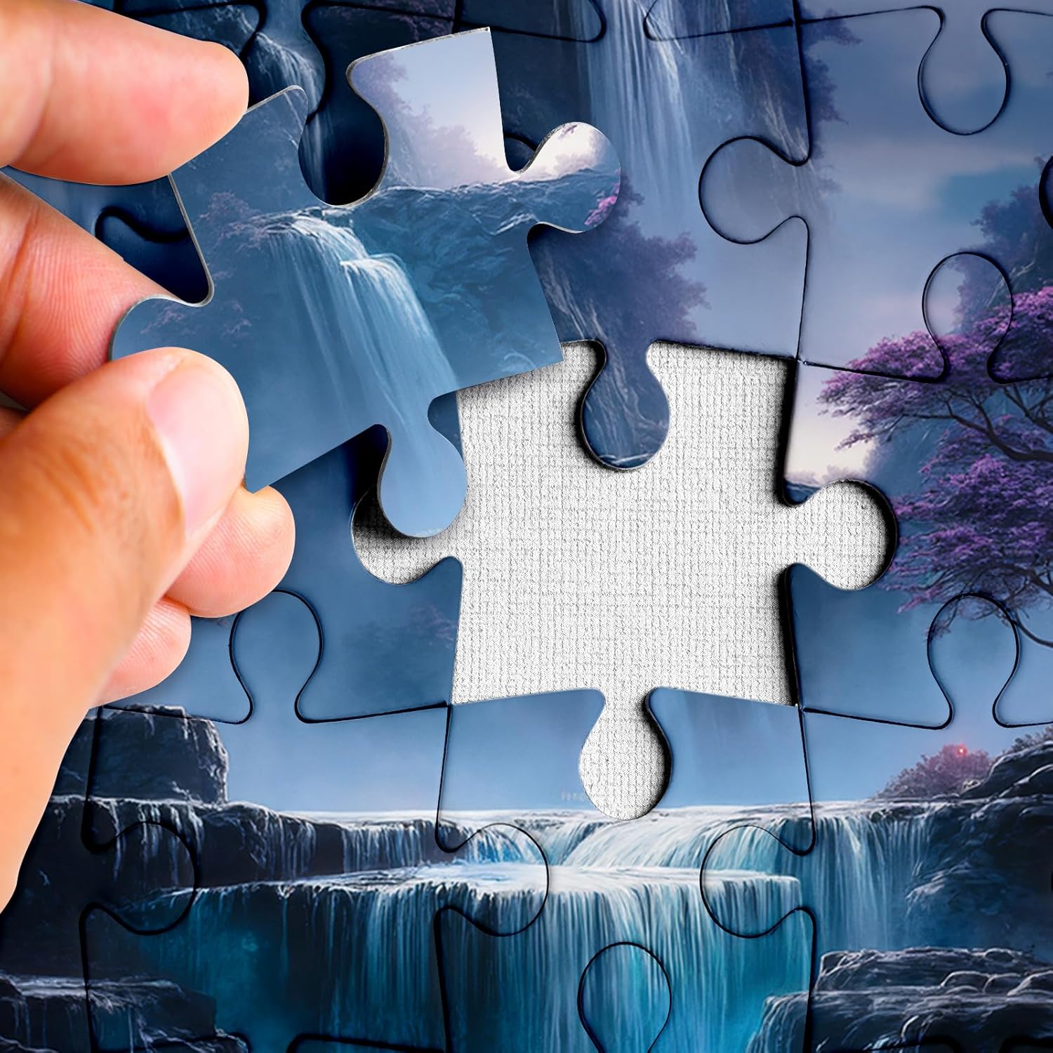 Fantasy Waterfall Landscape Puzzles for Adults 1000 Pieces, Purple Scenery Mountain Jigsaw Puzzle, Beautiful Difficult Art Puzzles