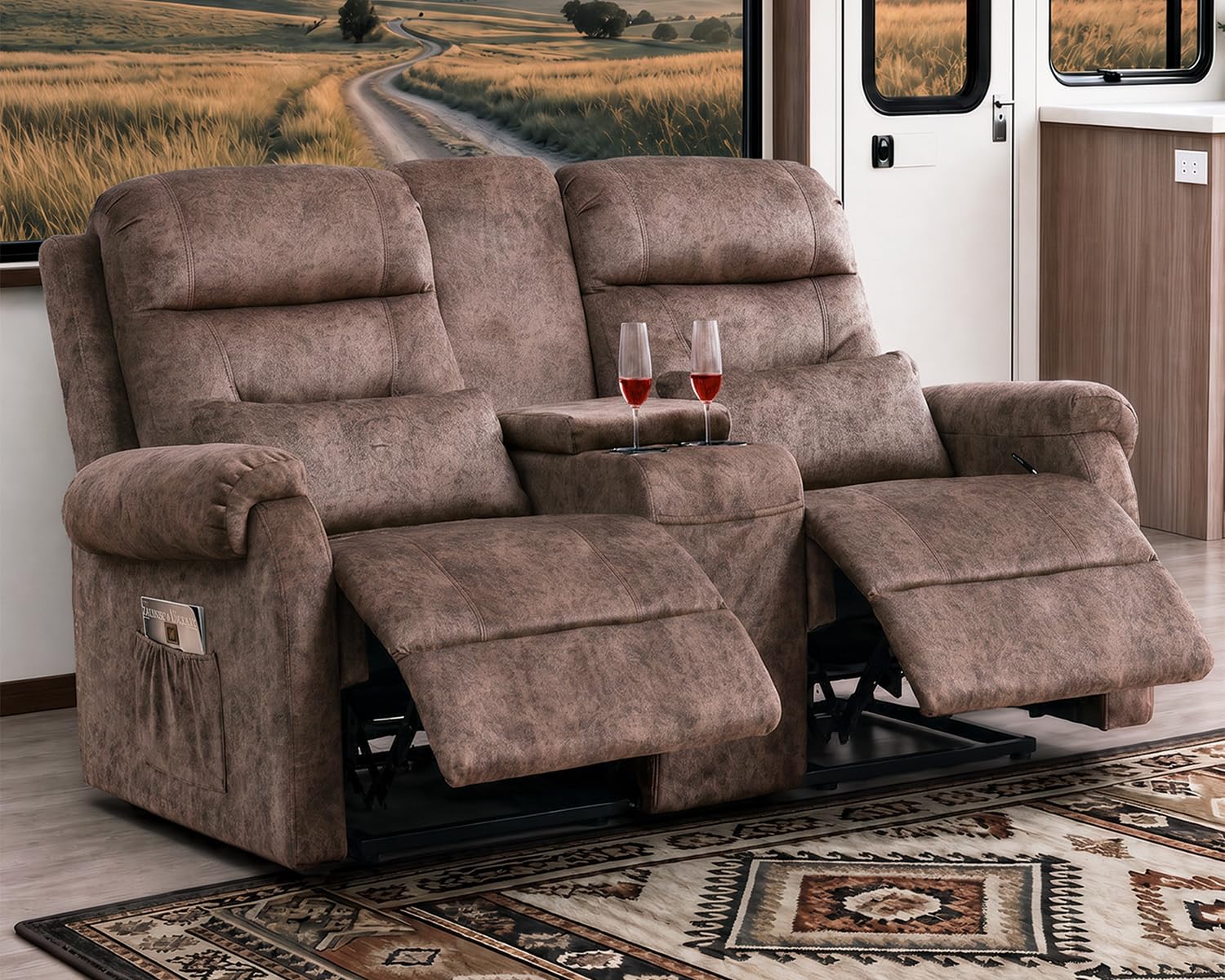 RV Loveseat Recliner, Manual Reclining Loveseat with Center Console, 2-Seater RV Recliner Sofa with Cup Holders, Reclining Couch for RV, Camper &amp; Living Room
