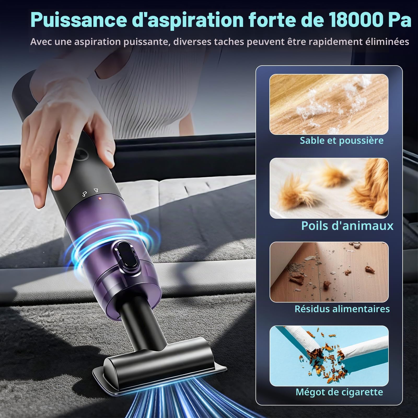 Aspirateur à Main,18000 Pa Aspirateur Voiture sans Fil,avec aspirateur,gonflage, vidage,soufflage,2 Niveaux,Rechargeable Portable Mini Aspirateur pour d'animaux, Voiture, Maison,Bureau (Noir)