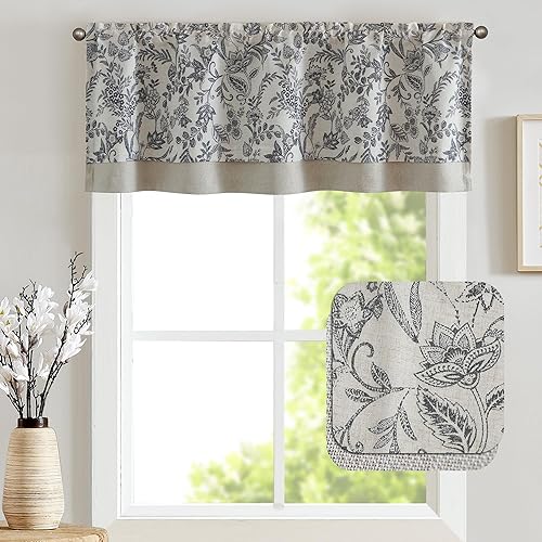 Miniatura 2 de jinchan Cortina de lino con cenefa de lino con estampado floral para cocina, cenefa opaca rústica para sala de estar, dormitorio, baño, 18 pulgadas,