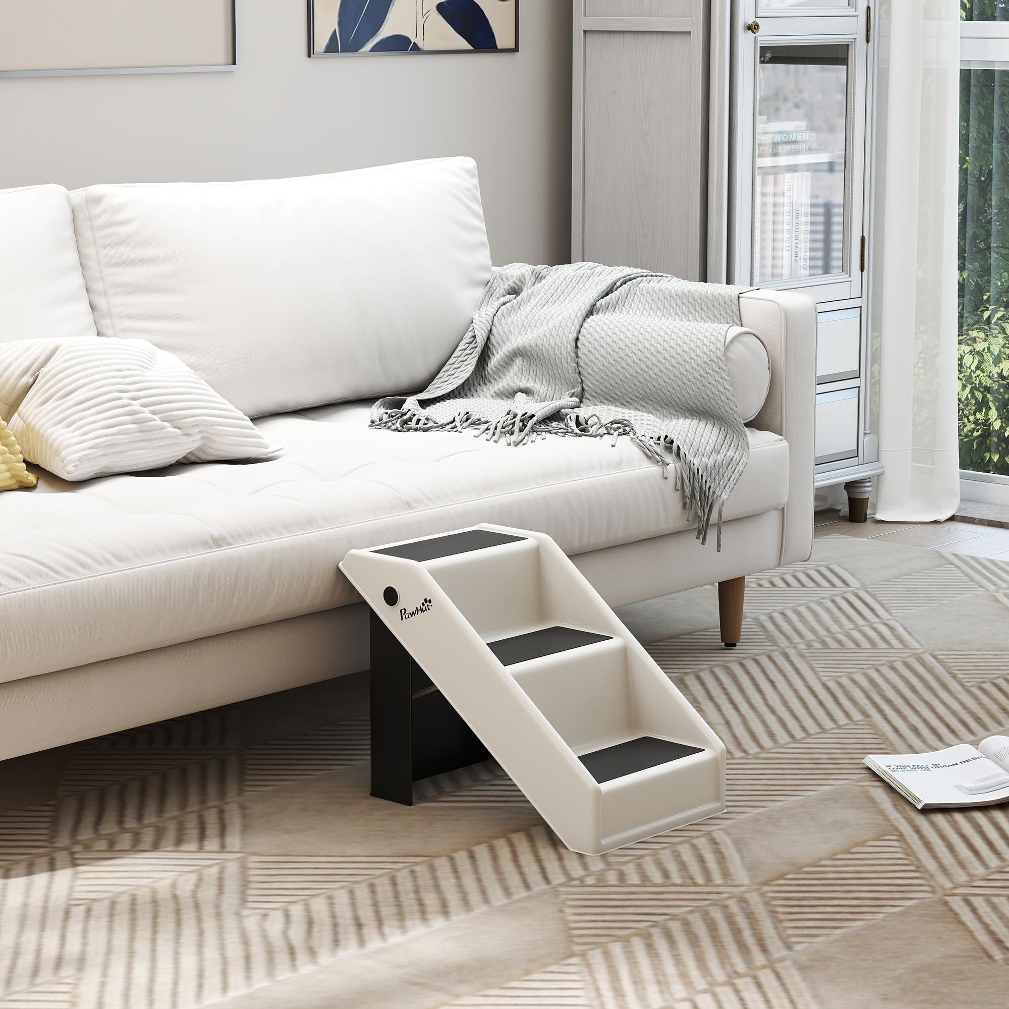 PawHut Escalera para Perros Plegable de 3 Peldaños Portátil Escalera para Mascotas Mayores Perros Pequeños Gatos para Sofá y Cama 53x30,5x36,5 cm Blanco Crema