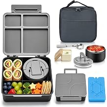 Bento Lunch Box with 8oz Soup Thermo,Kids Leakproof 4 Compartment Lunch Food Containers with Sauce Cup and Ice Pack,Kids Thermo Insulated Hot Food Jar and Lunch Bag for School,Trvael-Black