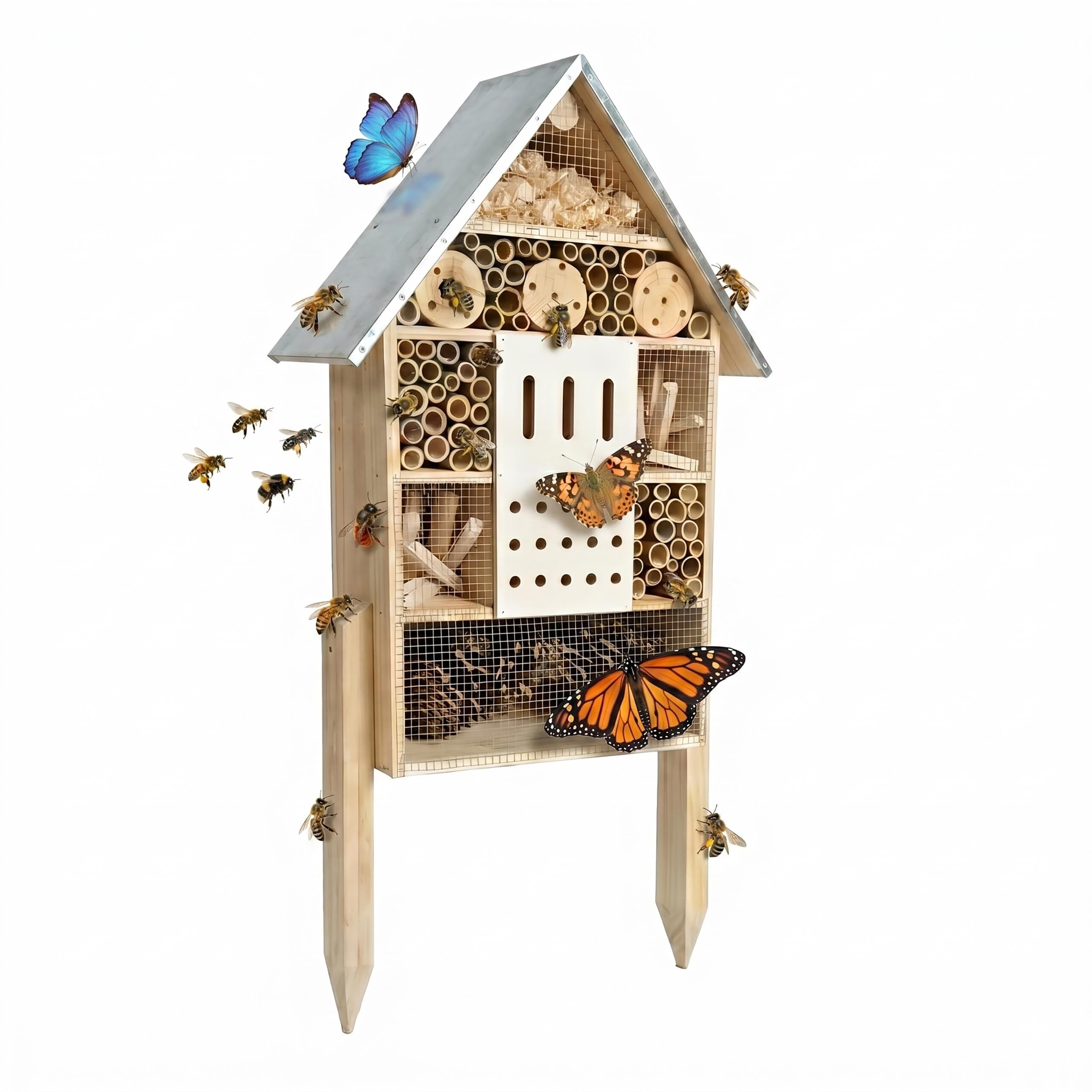 Relaxdays Insektenhotel mit Ständer, Holz, wetterfestes Metalldach, HxBxT: 77 x 38 x 10 cm, Insektenhaus, Natur/Silber