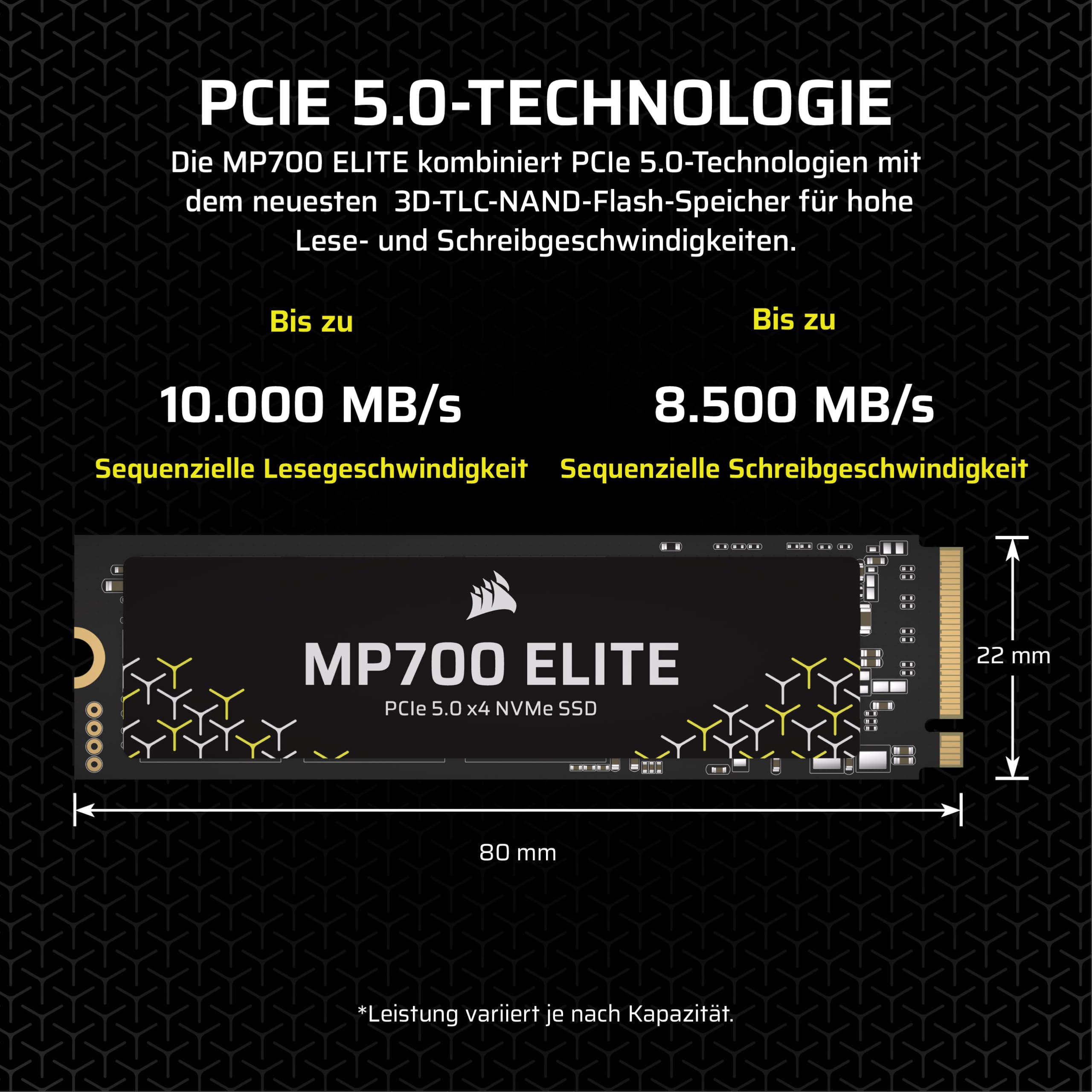 Corsair MP700 Elite 1TB PCIe 5.0 x4 NVMe M.2 SSD – Bis zu 10,000MB/sec – Hohe Dichte 3D TLC NAND – M.2 2280 – Kompatibel mit DirectStorage – Schwarz