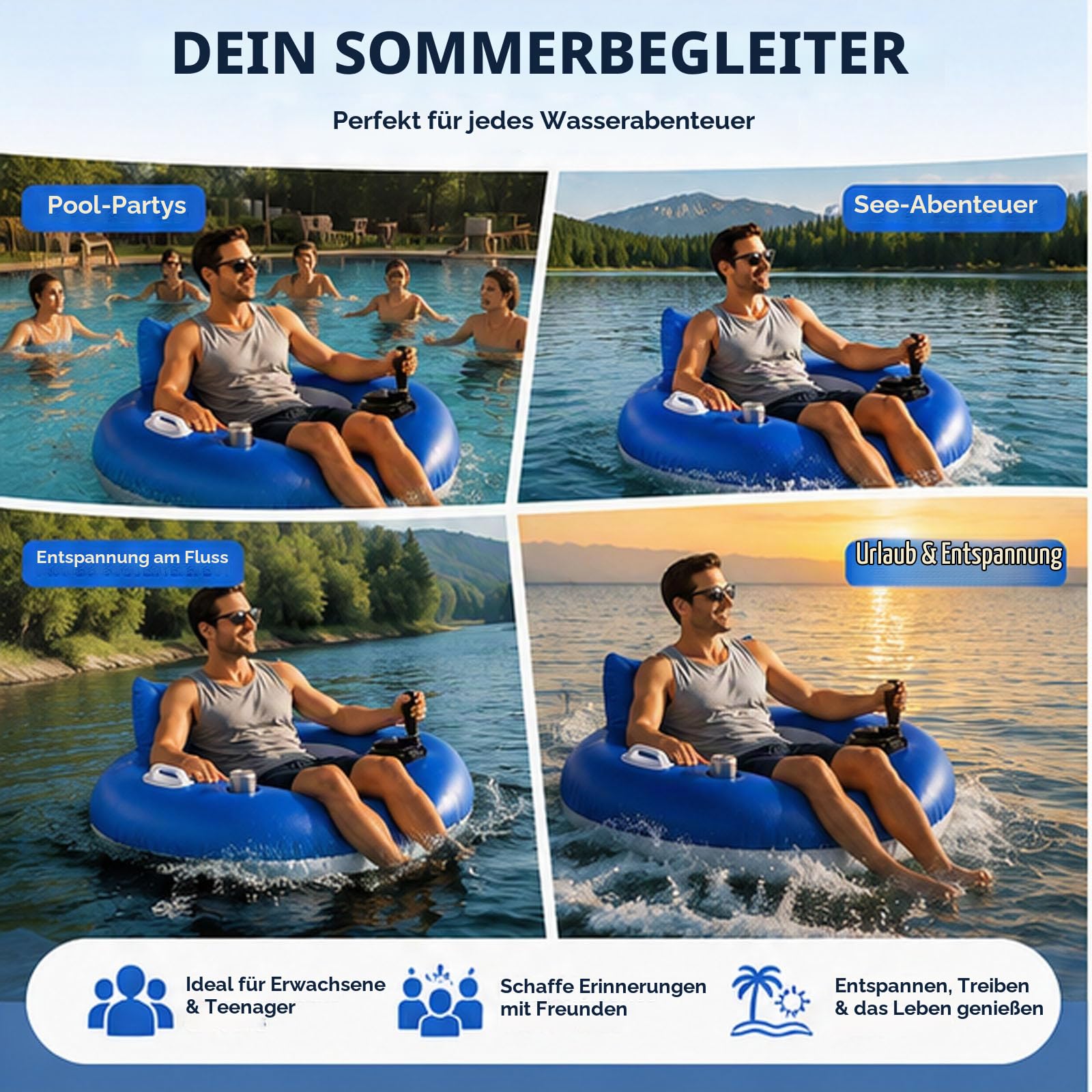 Motorisierter Pool-Schwimmer mit Getränkehalter, wiederaufladbare motorisierte Schwimmer für Erwachsene & Jugendliche, schwere motorisierte Schwimmreifen mit Rückenlehne, für Party, Urlaub, Poolparty