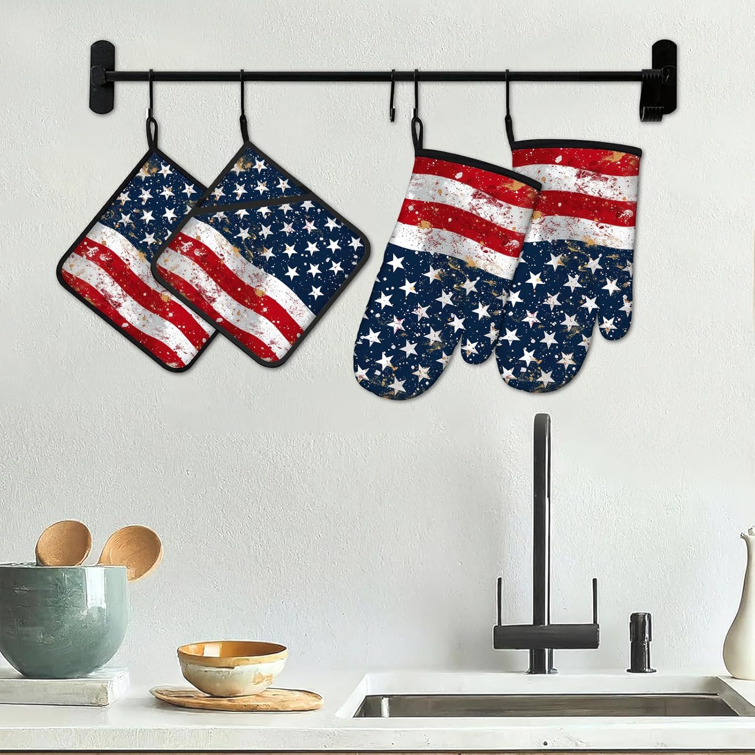American Flag Oven Mitts and Pot Holders Sets 4Pcs Potholders Hot Pads Oven Gloves House Warming for Kitchen Cooking Grilling BBQ