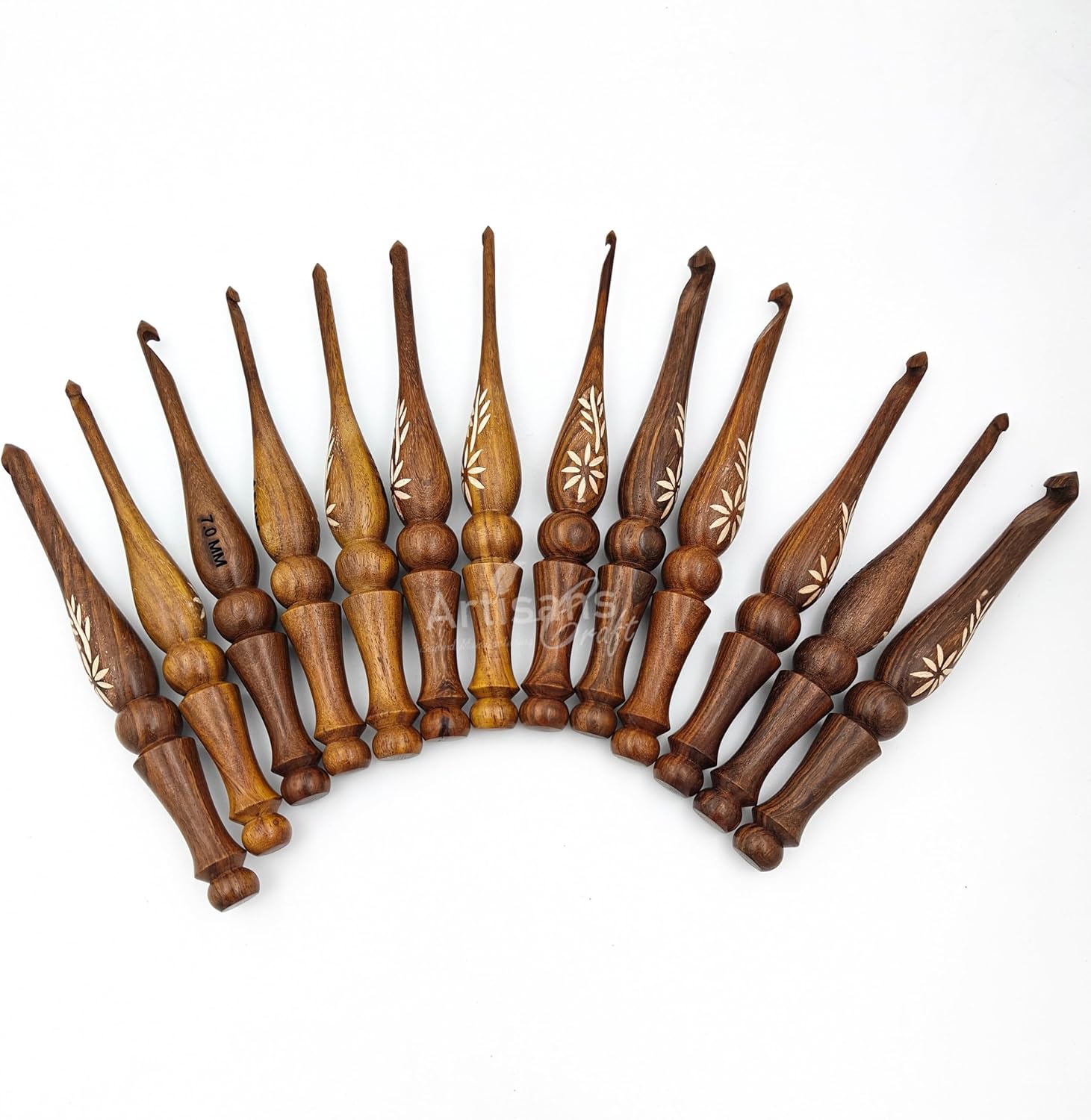 Crochet Hooks Set of 13-3.5mm to 12mm - Hand Carved Wooden Hook with Leaf Design - Ergonomic Soft Grip for Arthritic Hands - Crochet Accessories (Set of 13)