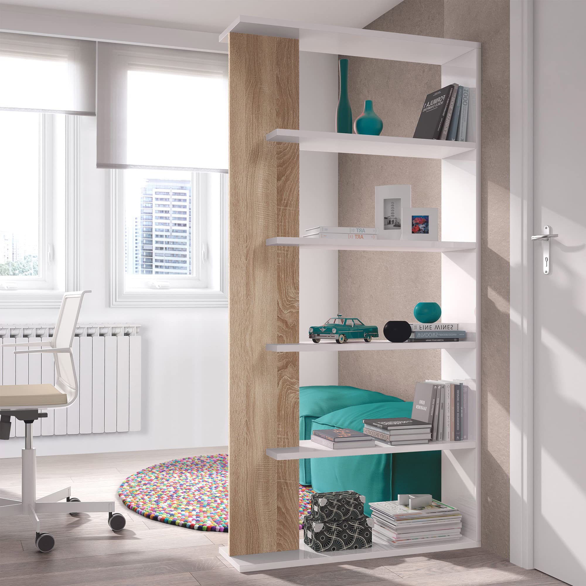 HOMN LIVING Étagère Bibliothèque Lugo Couleur Blanc/Chêne 5 étagères, pour Salon, Salle à Manger ou Bureau, 90 cm (Largeur) 25 cm (Profondeur) 180 cm (Hauteur)