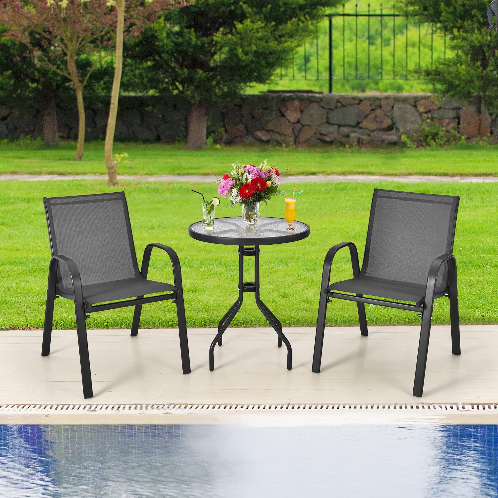COSTWAY Juego de Muebles Bistró de 3 Piezas, 2 Sillas Textilene y 1 Mesa de Cristal Templado, Set de Conversación para Patio con Tela Transpirable Jardín, Balcón, Terraza, Patio (Negro)