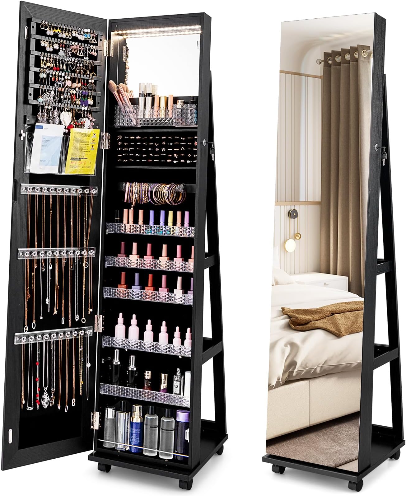 COSTWAY 360° Swivel Jewellery Cabinet, 3-Color LED Lights Lockable Jewelry Armoire with Full Length Mirror, Large Storage and Wheels, Mobile Freestanding Jewellery Organiser Unit Gift (Black)