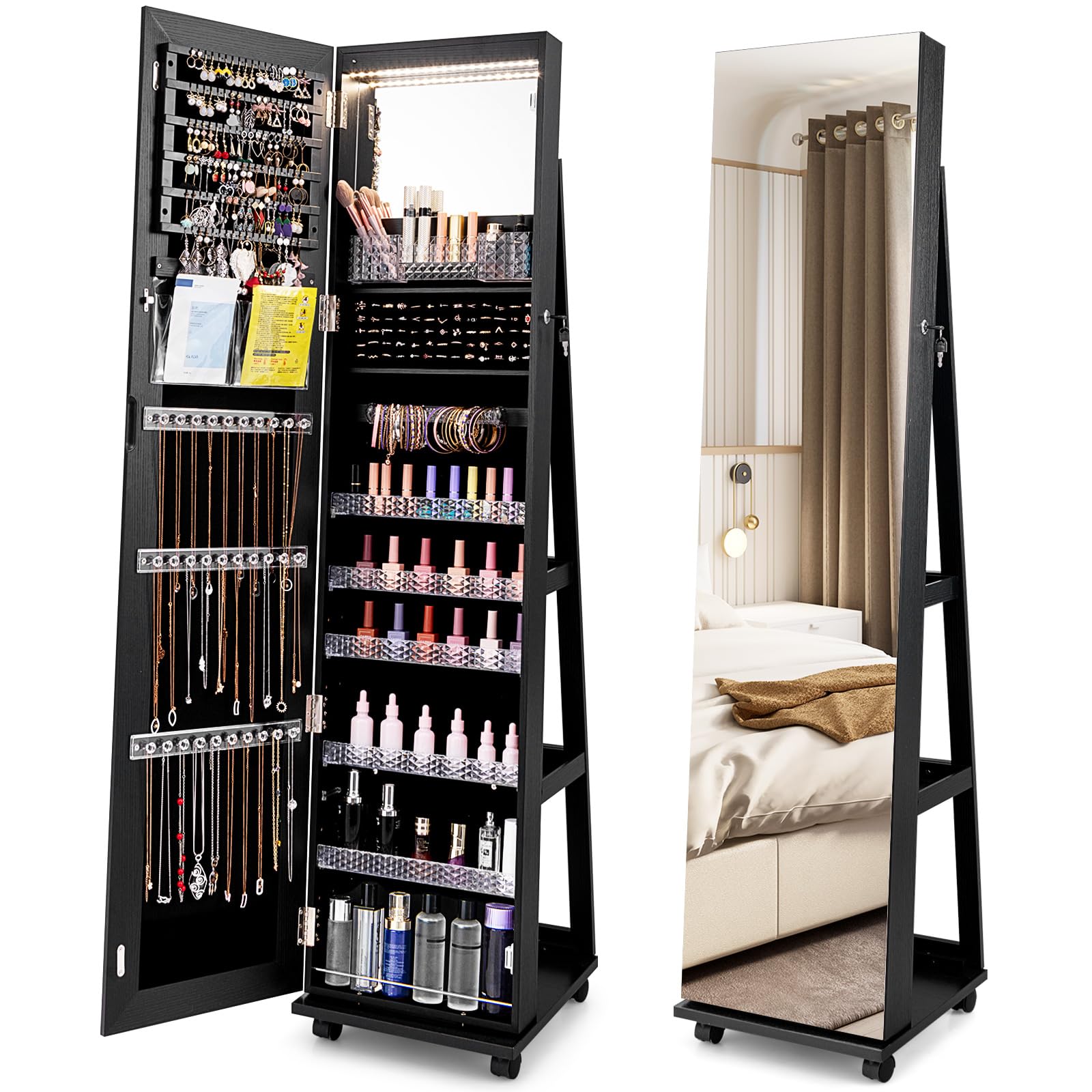 COSTWAY 360° Swivel Jewellery Cabinet, 3-Color LED Lights Lockable Jewelry Armoire with Full Length Mirror, Large Storage and Wheels, Mobile Freestanding Jewellery Organiser Unit Gift (Black)