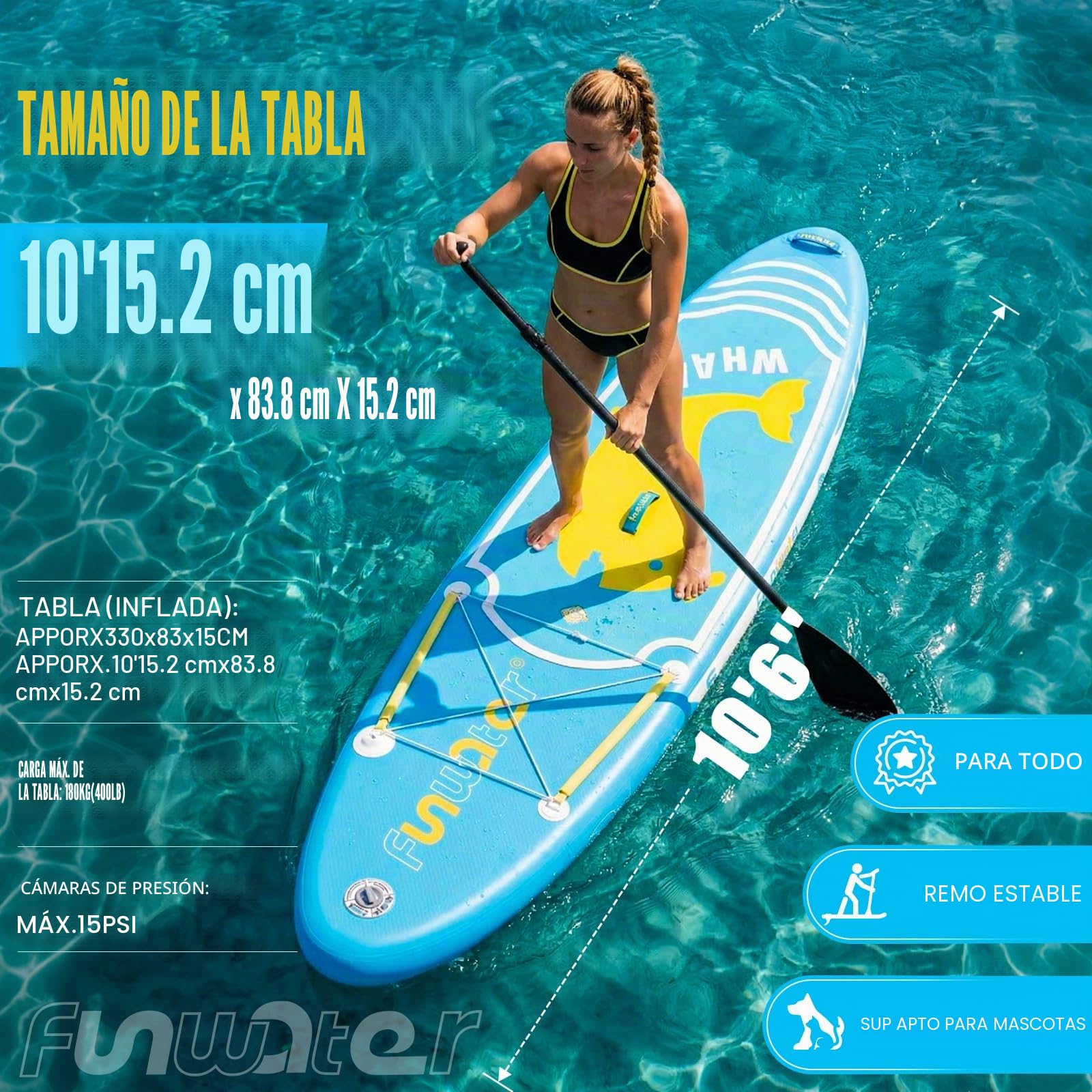 FunWater Tabla de Surf Hinchable de pie para Surf, Tabla de Surf Sup, Accesorio de Remo Ajustable, Bomba, Mochila de Viaje, Correa de Seguridad, Funda Impermeable para teléfono móvil