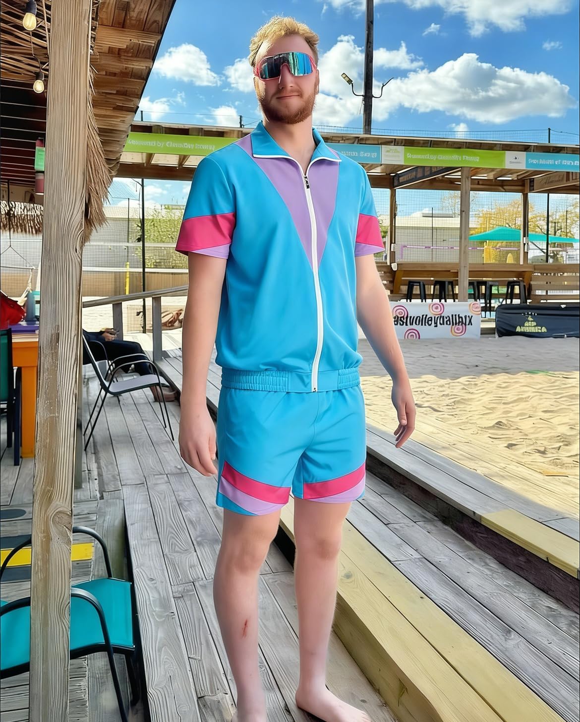 UOUA 80s Outfit for Men 90s Color Block Costumes 2 Piece Retro Short Sleeve Jacket & Shorts Set for Party - Image 2