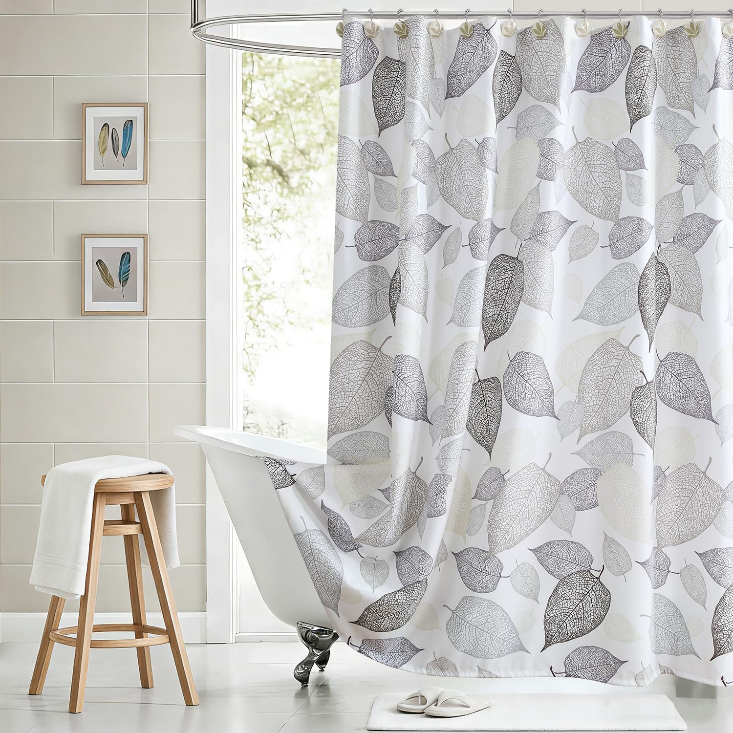 Extra Long Fabric Shower Curtain, Modern Leaf Print on White Background with Beige Grey Brown Leaves, Waterproof Bathroom Decor, 72" W x 84" H