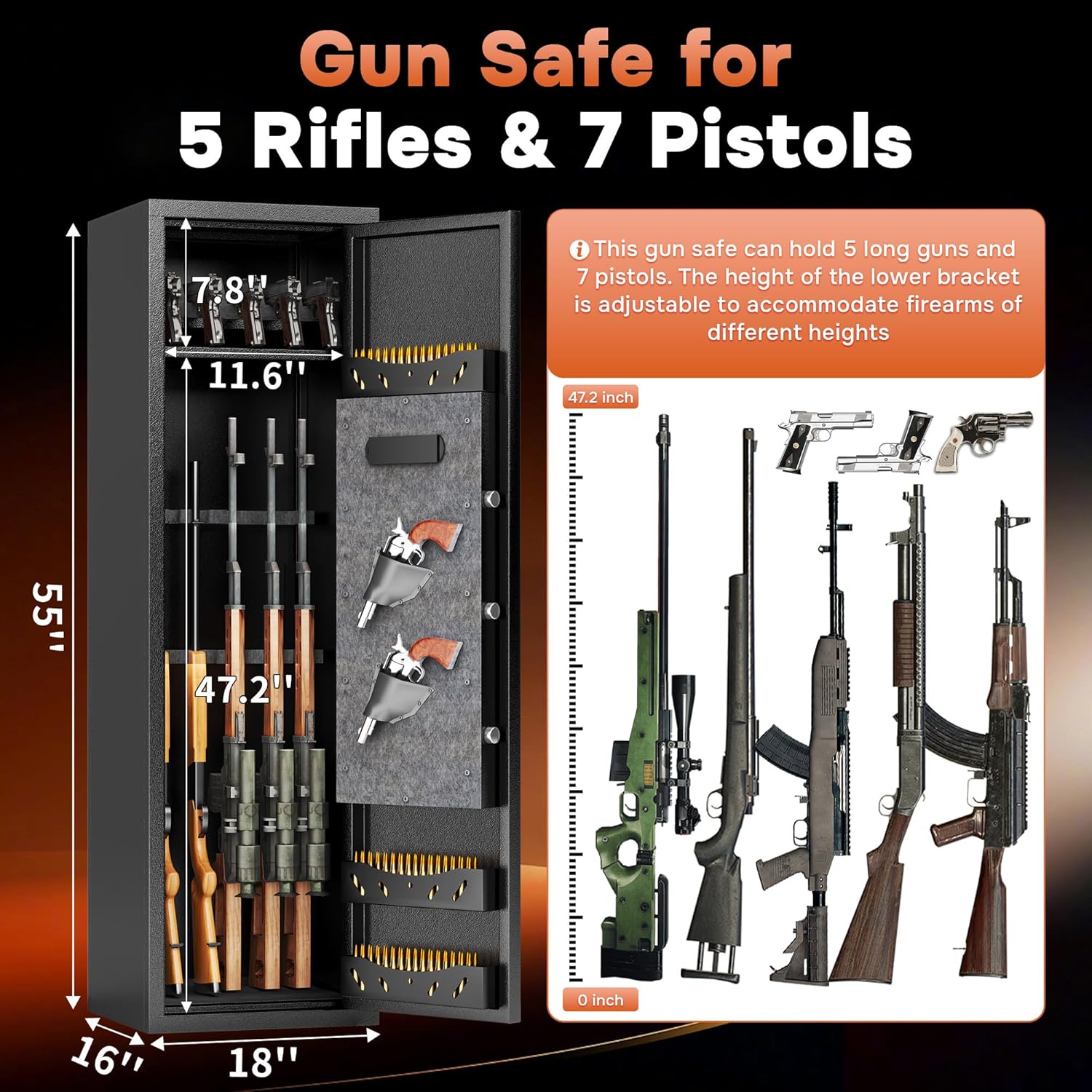 Gun Safes for Home Rifle and Pistols, Large Gun Storage Cabinet, Shotgun Safes, Safe Quick-Access Long Gun & Ammunition, Removable Gun Racks, with Dual Alarm & Mute Mode, Metal