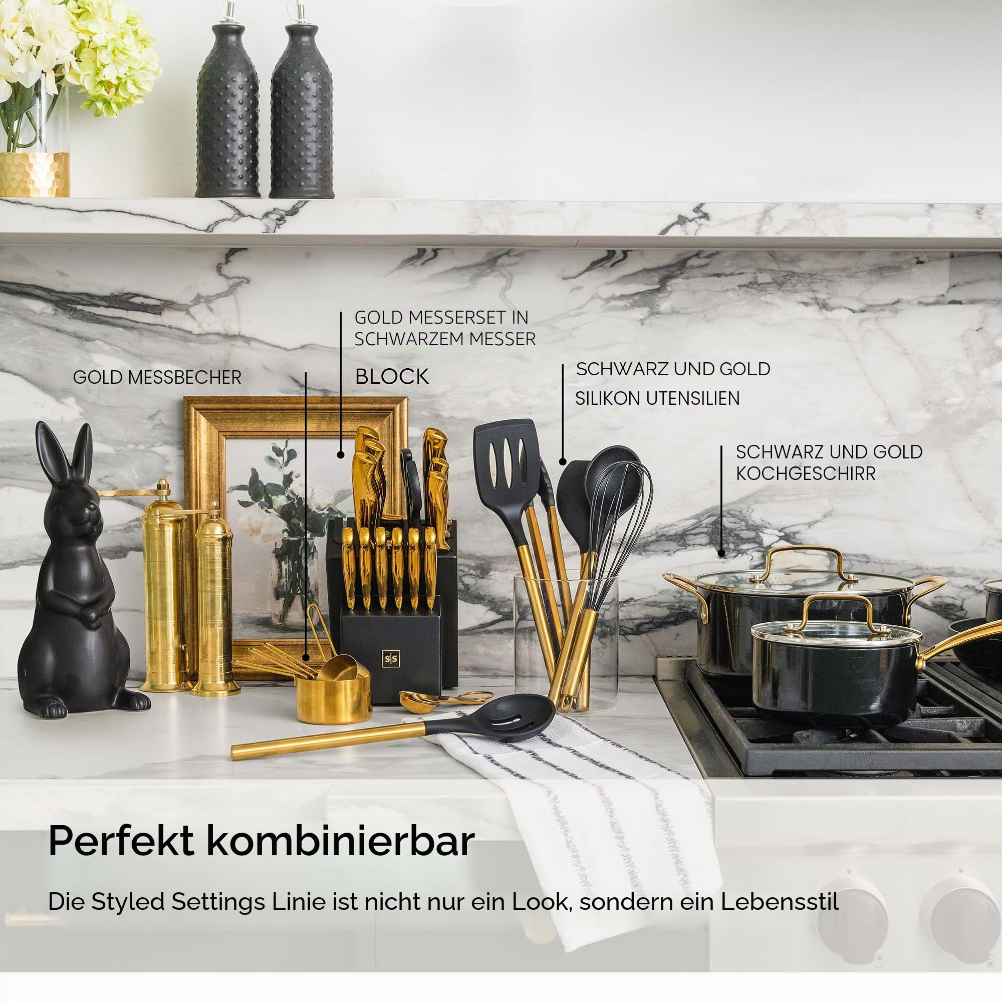Schwarz-Goldenes Küchenutensilien-Set – 6-teiliges Silikon-Kochset mit Zange, Schneebesen, Löffel, Spatel und Wender – Stilvolle Küchenhelfer & Deko
