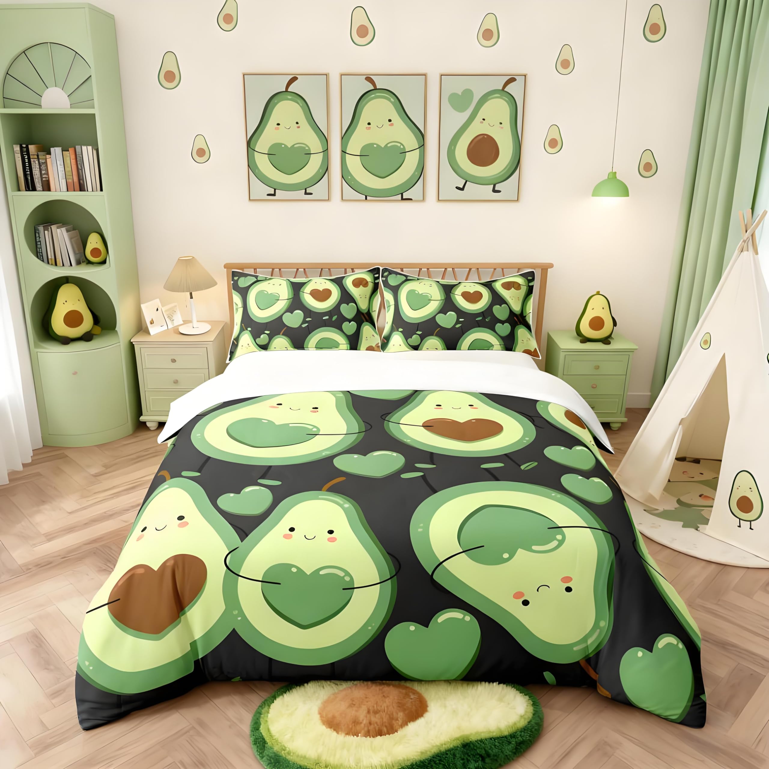Homemissing Karikatur Avocado Bettbezug Set Süße Tropische Früchte Bettwäsche Set 135x200cm Paare Betten Set für Jungen Mädchen Kinder Teenager Liebe Schlafzimmer Dekor Grün Mit 1 Kissenbezug