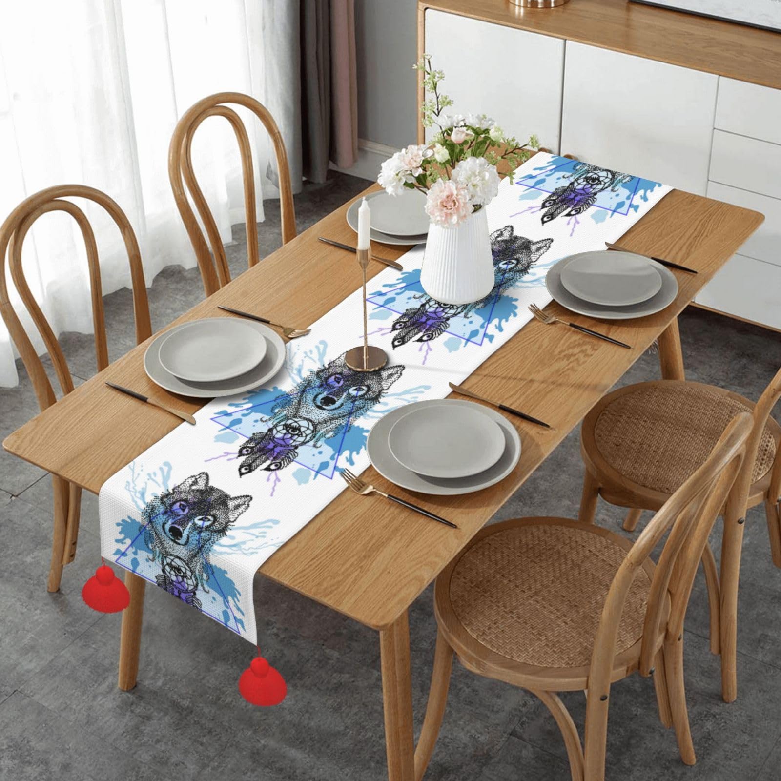 Chemin de table loup 35x180cm antidérapant avec pompons pour cuisine et salle à manger