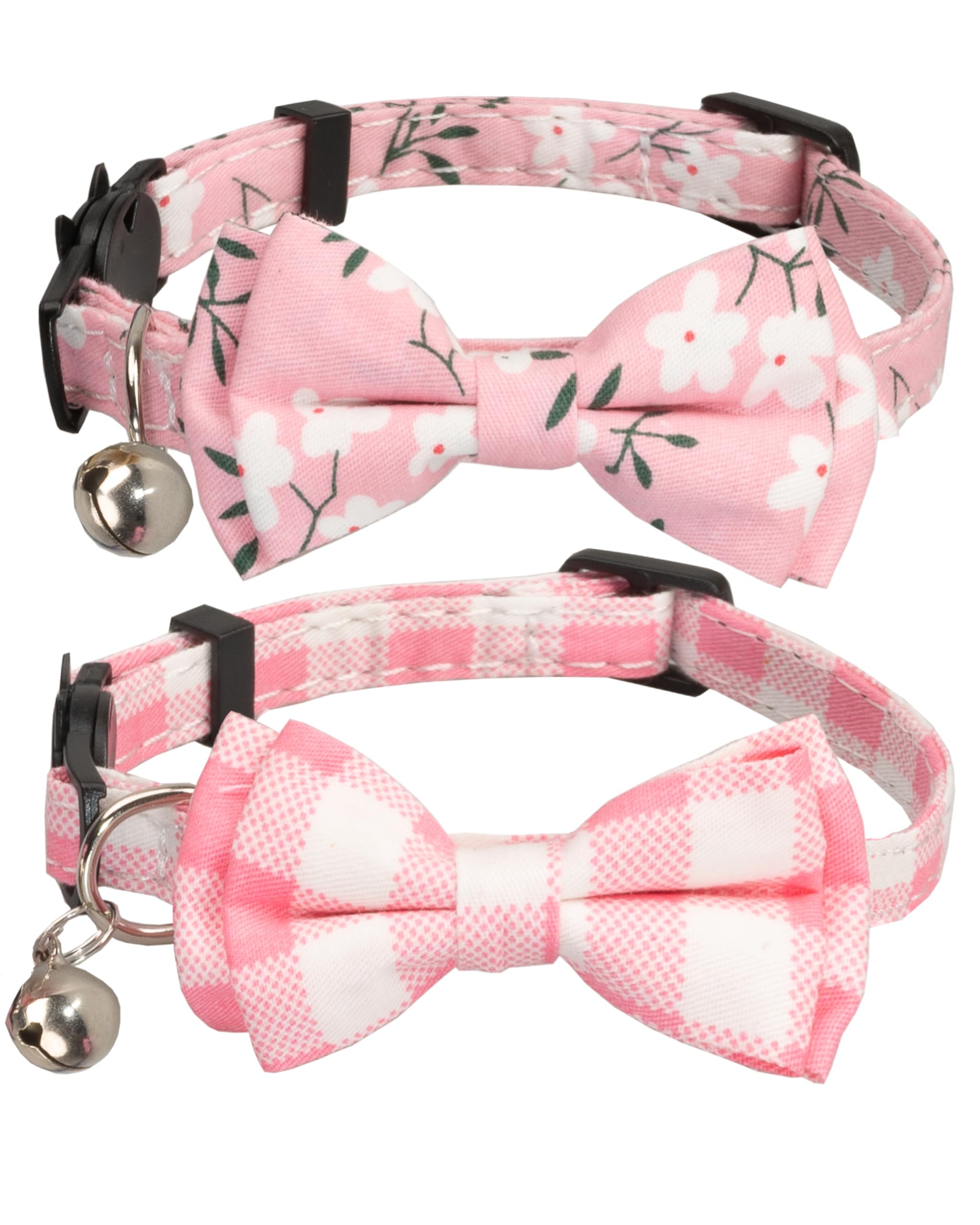 Katzenhalsband, mit Glocke, Fliege, kariert, 17,8–27,9 cm, rosa Blumen und Karomuster, Rosa
