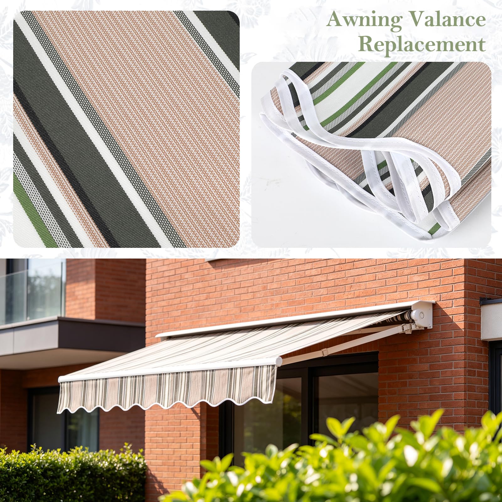 Mantovana di ricambio per tende da sole, 3 m x 20 cm, impermeabile, resistente ai raggi UV, per balcone, terrazza, tenda di ricambio (strisce verdi)
