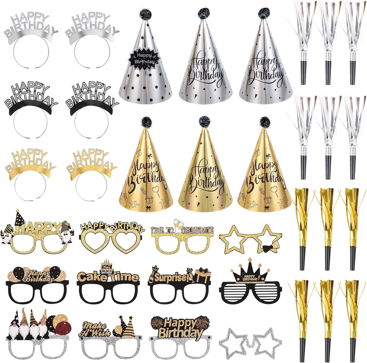 36 Pcs Black Golden Birthday Party Hats Set Includes 6 Party Cone Hats 6 Birthday Headband 12 Paper Glasses 12 Noise Makers Party Supplies for Photo Booth Props