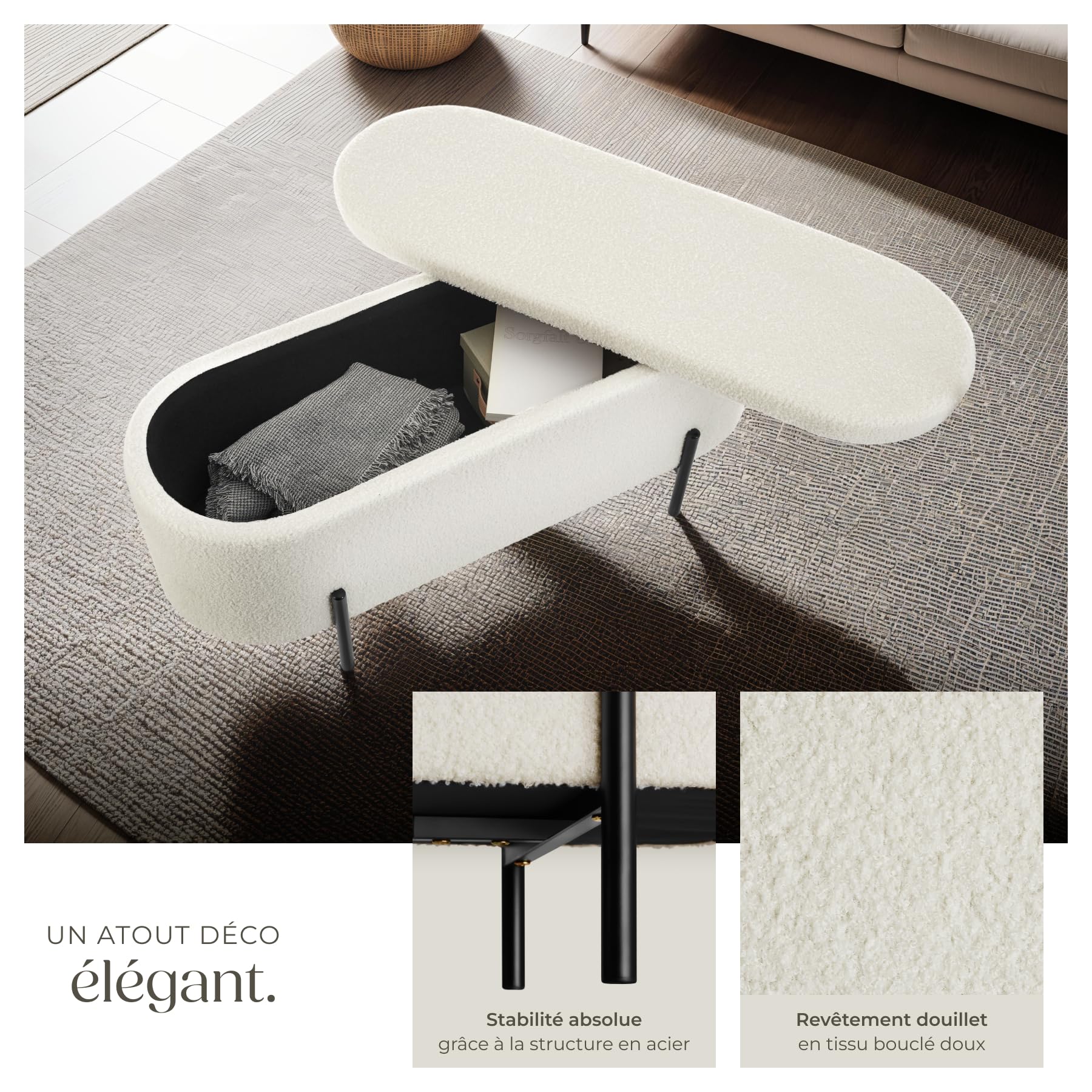 tectake® Banc de Rangement Bout de lit Coffre Bouclette Banc Entree Pouf Chambre Dressing Chambre Adulte Repose Pied Tabouret Coiffeuse Meuble Salon Maison Cosy Coffre a Jouet Meuble Rangement Enfant
