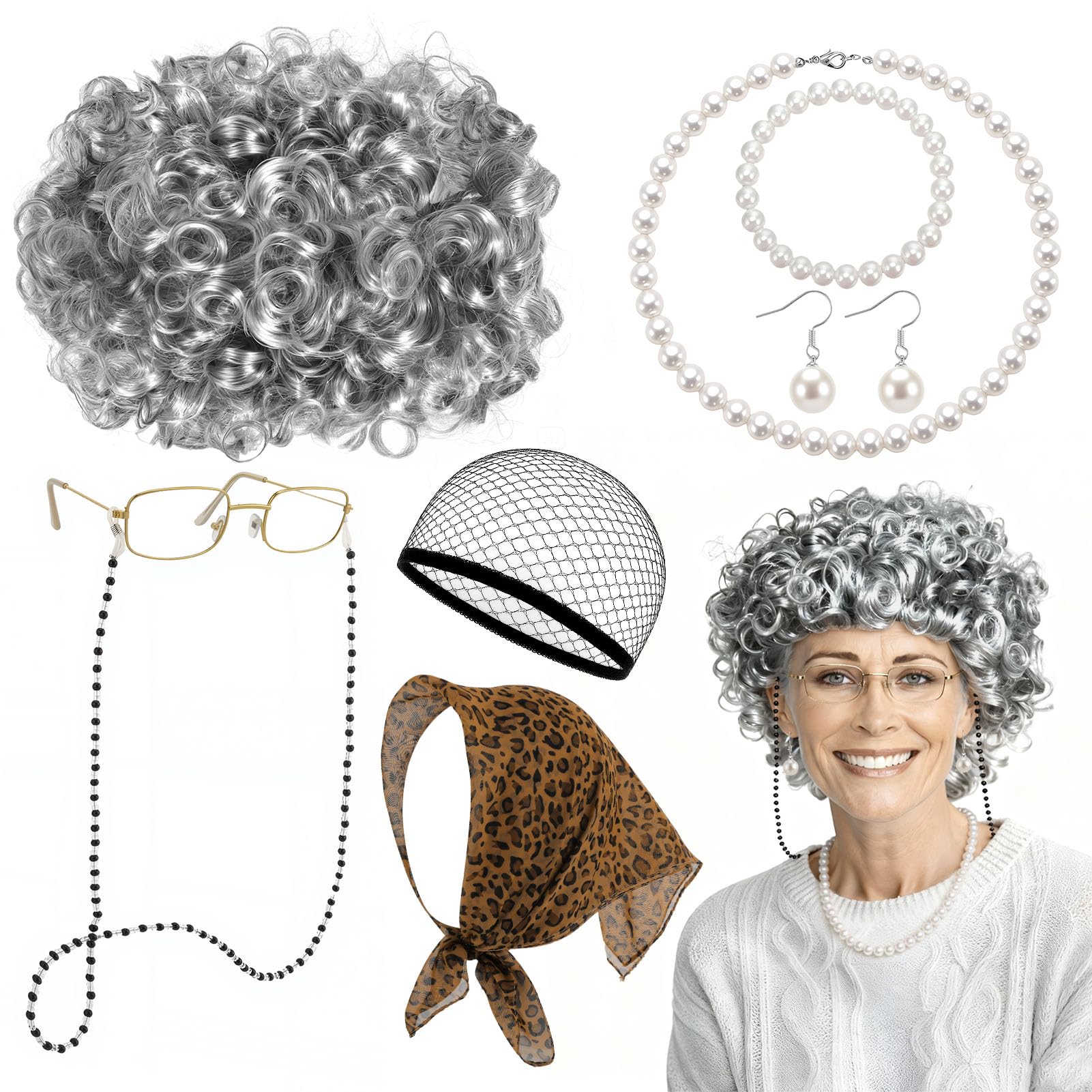 GSrenyu 8Pcs Old Lady Fancy Dress Set, Granny Costume Set, Granny Wig Leopard Scarf Necklace Bracelet Earring Glasses Chain Glasses Hair Net Old Lady Accessories for Halloween World Book Day Carnival