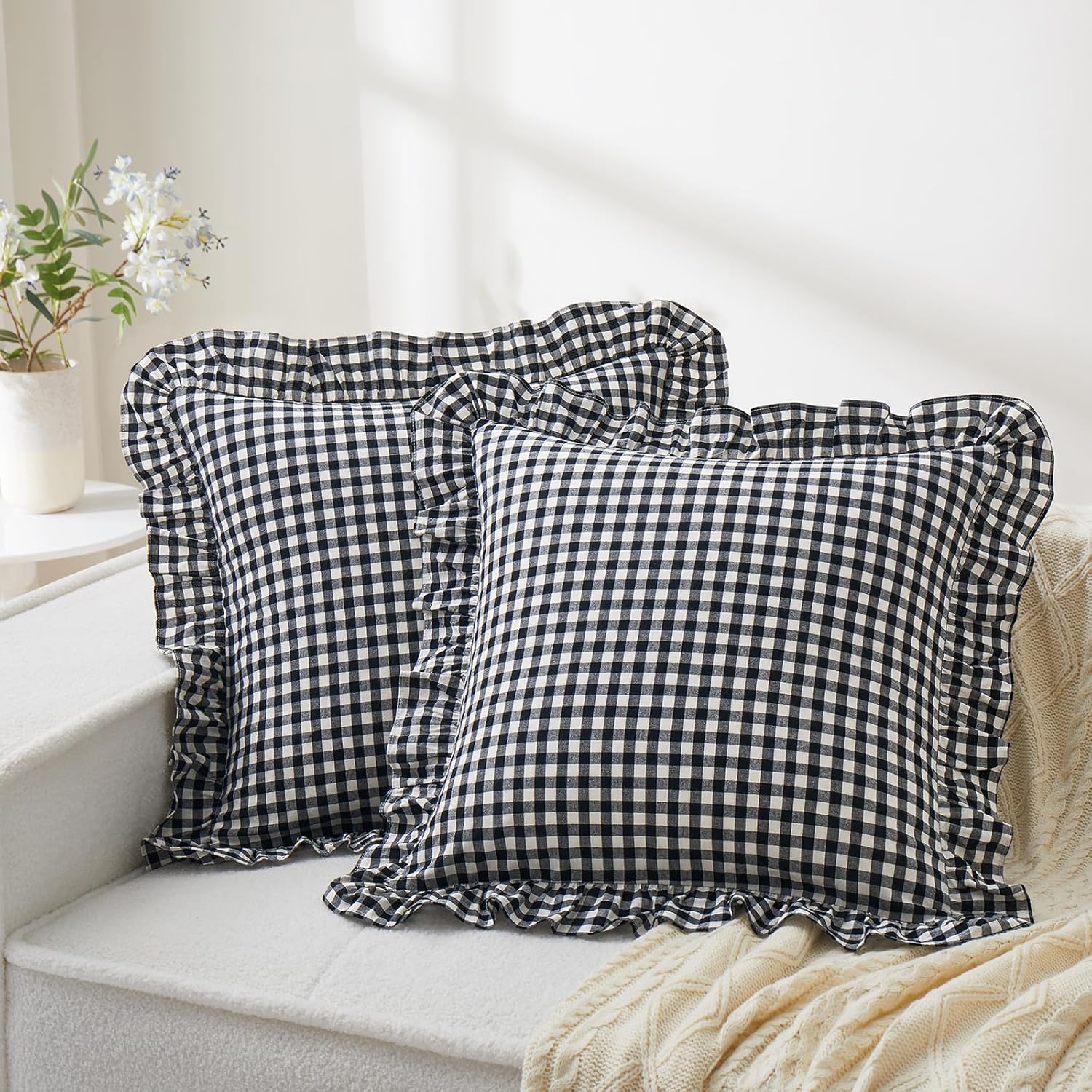 KKJIAF Ruffle Gingham Pillow Covers 26 x 26 Inches, Cotton Plaid Throw Pillow Shams Set of 2, Linen Feel Ruffled Plaid Pillow Cases with Envelope Closure for Sofa Bed (Dusty Blue Plaid)