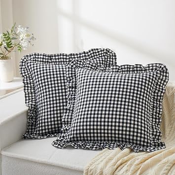 KKJIAF Ruffle Gingham Pillow Covers 20 x 20 Inches, Cotton Plaid Throw Pillow Shams Set of 2, Linen Feel Ruffled Plaid Pillow Cases with Envelope Closure for Sofa Bed Black Plaid
