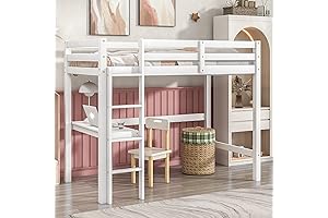 Wooden Twin Loft Bed with Desk for Kids, White - Study and...