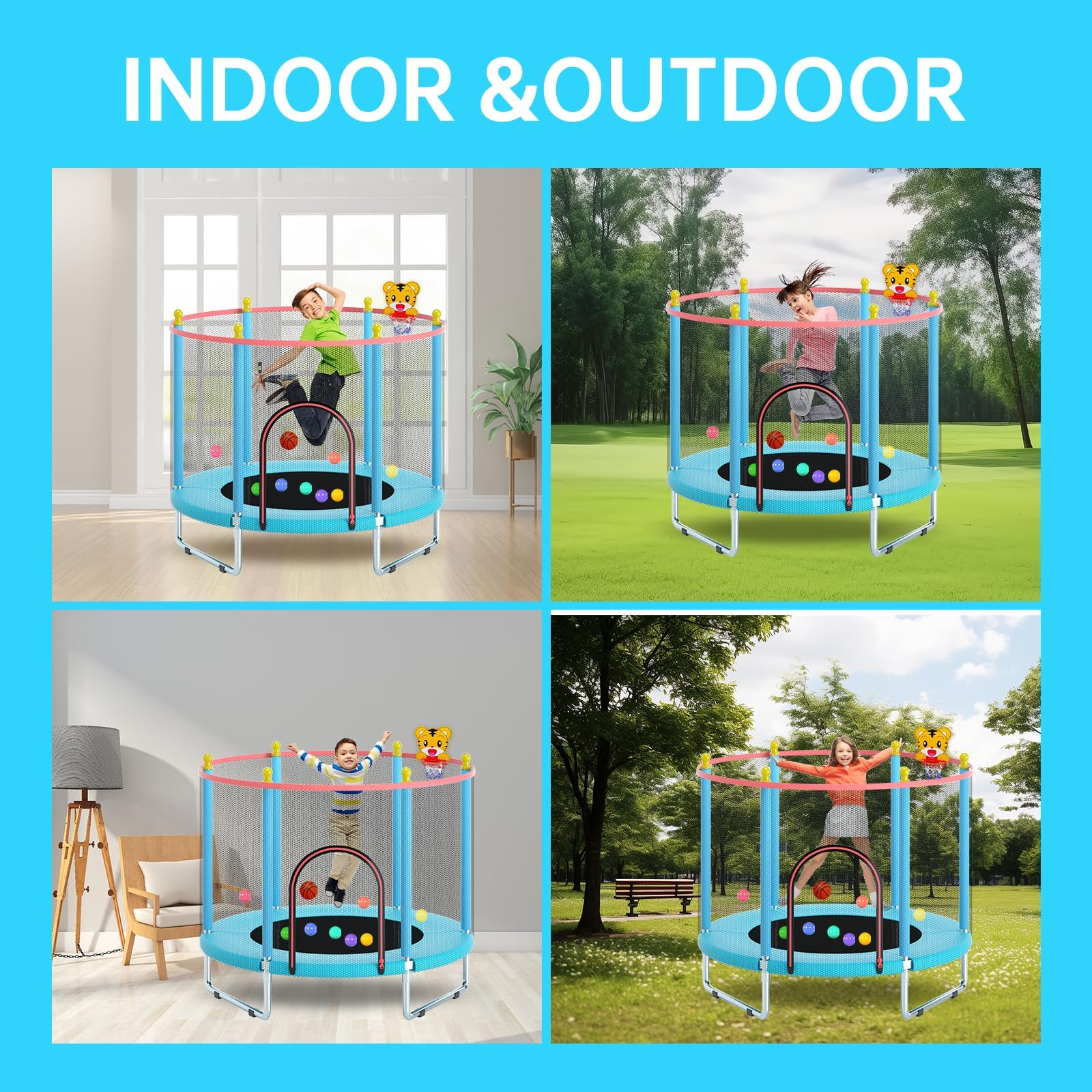 Trampoline pour Enfants 150cm avec Filet de Sécurité, Panier de Basket et Tapis de Saut - étanche, Réglable, 200kg