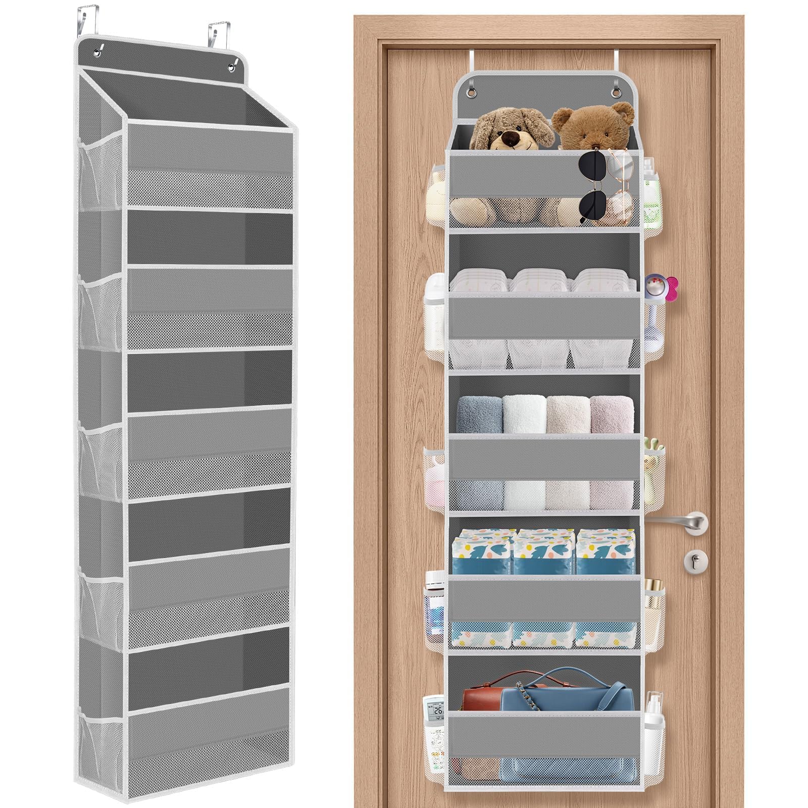 1Pack Over The Door Organizer Large Capacity Hanging Storage Room Organizer | 40 lb Capacity, Ultra-Sturdy, Foldable, Mesh Design with Clear Window, Space-Saving Organizer for Pantry, Nursery & Closet Grey 5-Tier