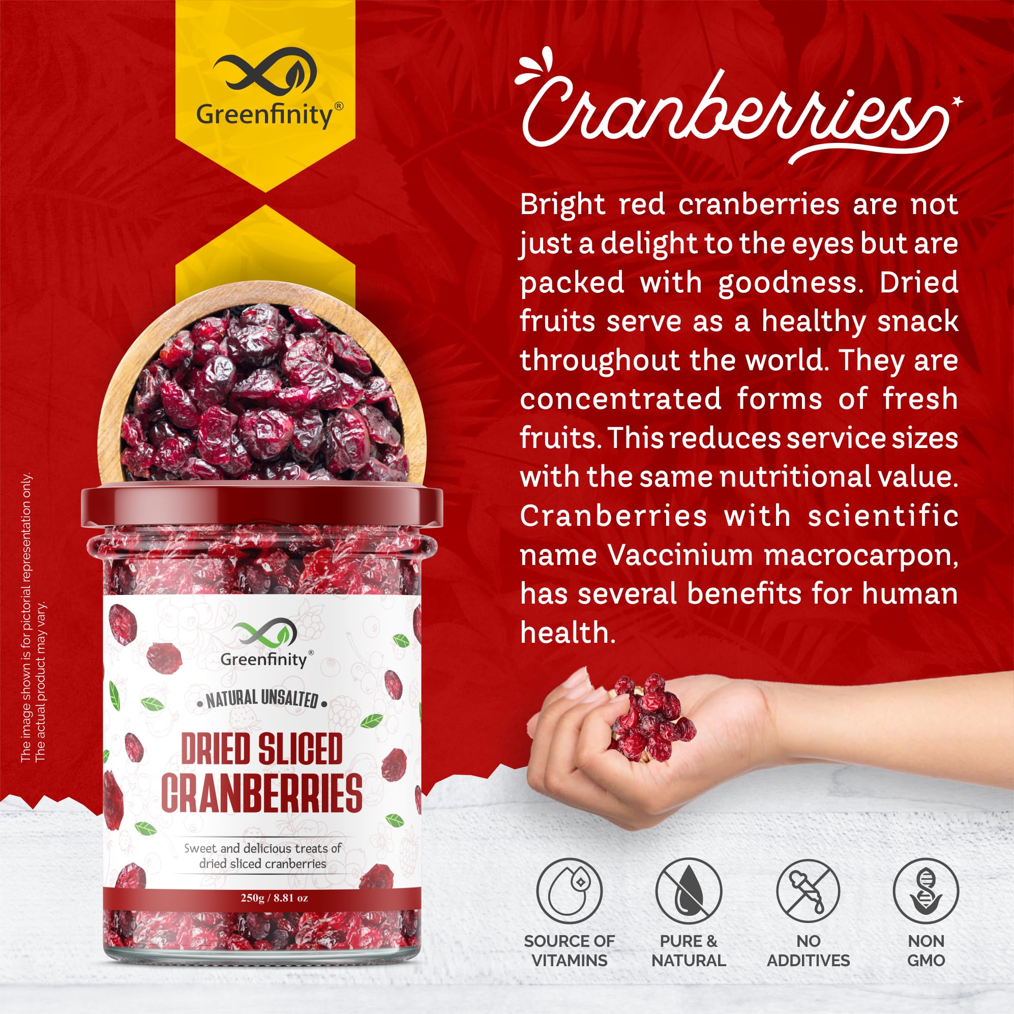 GreenFinity Dried Sliced Cranberries 250 Gram - Antioxidant-Rich, Energy-Boosting Healthy Snack Cranberry - Image 4 thumbnail