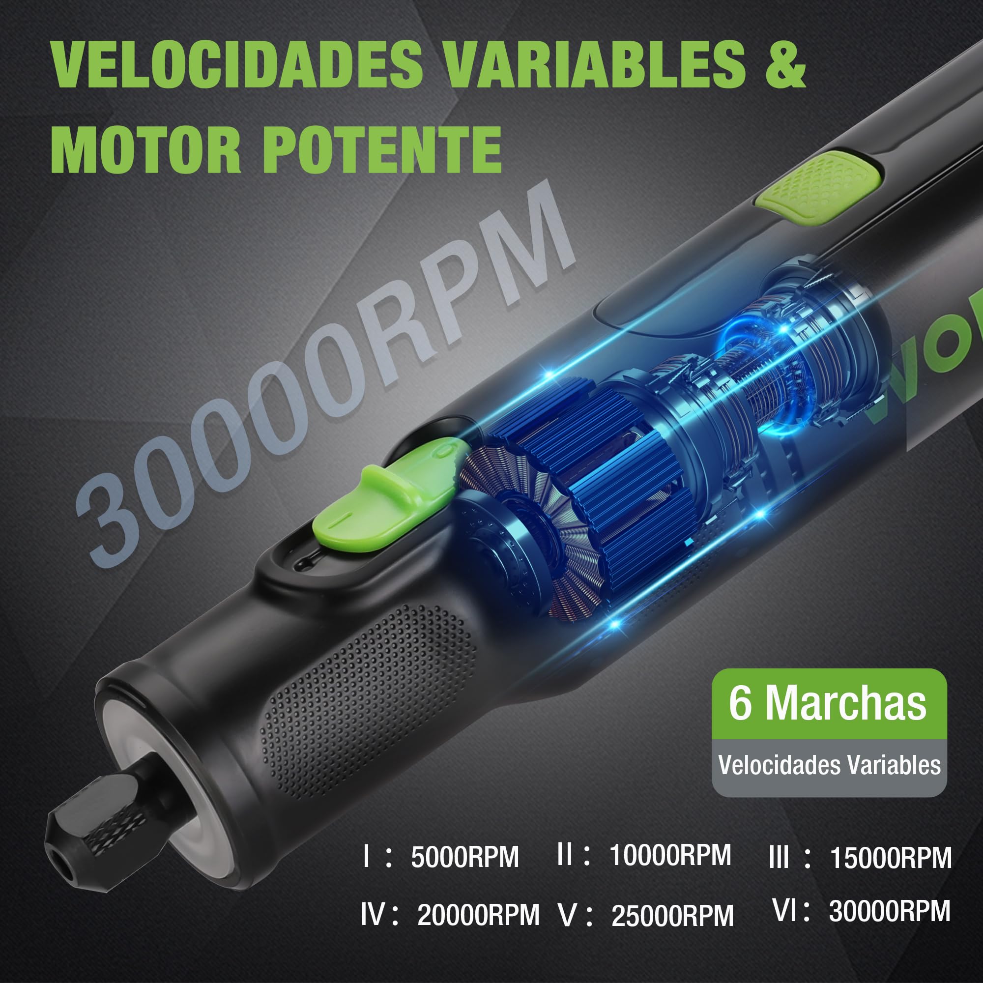 WORKPRO Amoladora Inalámbrica 7,2V, Multiherramienta con 117 Accesorios, Herramienta Rotativa con 6 Velocidades Variables 30000 RPM, Bolsa de Almacenamiento, para Cortar, Esmerilar, Grabar, Perforar | Herramienta Rotativa con 6 Velocidades Variables 30000