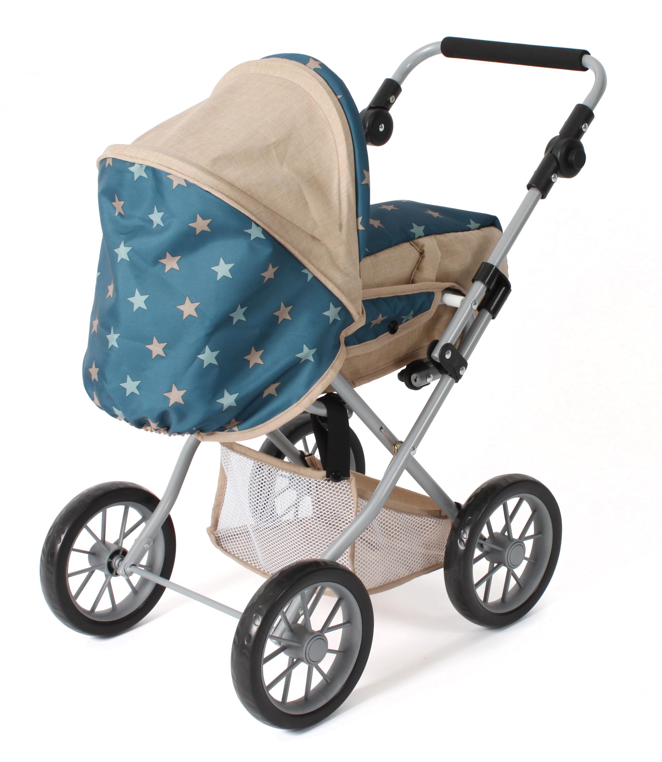 Bayer Chic 2000® Wózek dla lalek Leni kombi 3 w 1 – gwiazdka turkusowo-beżowa – składany, uchwyt z regulacją wysokości 43-67 cm, torba do przenoszenia – lalki do 46 cm, od 3 J.