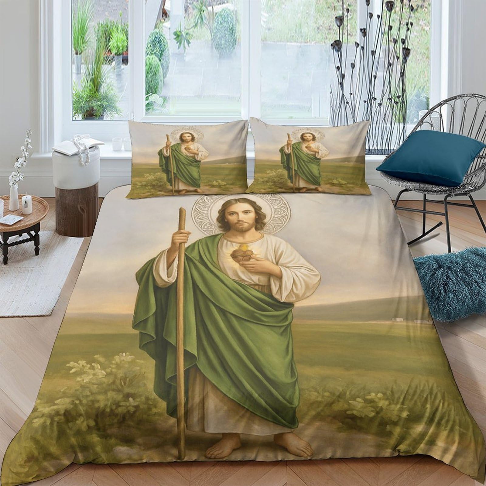 Ctjqhvkz Style-5 3D Printed Saint Religious Art Fitted Sheet Microfiber Soft Anti-Slip Jesus Landscape Mattress Cover Bedroom Decor Single（135X200cm）