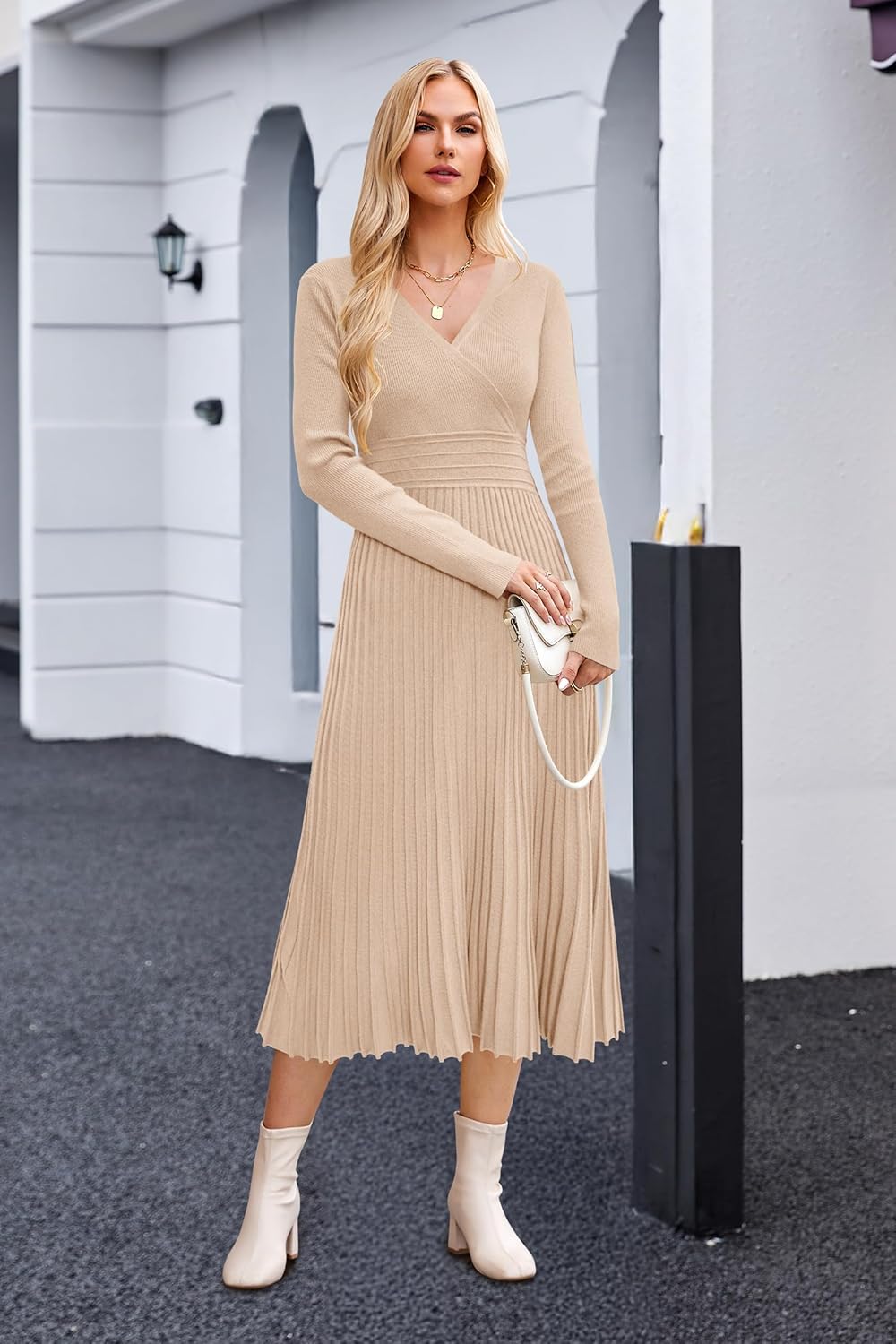OUGES Women's Fall Maternity Dress for Photoshoot Long Sleeve Wrap V Neck Pleated Baby Shower Sweater Midi Dresses 2026 - Image 2