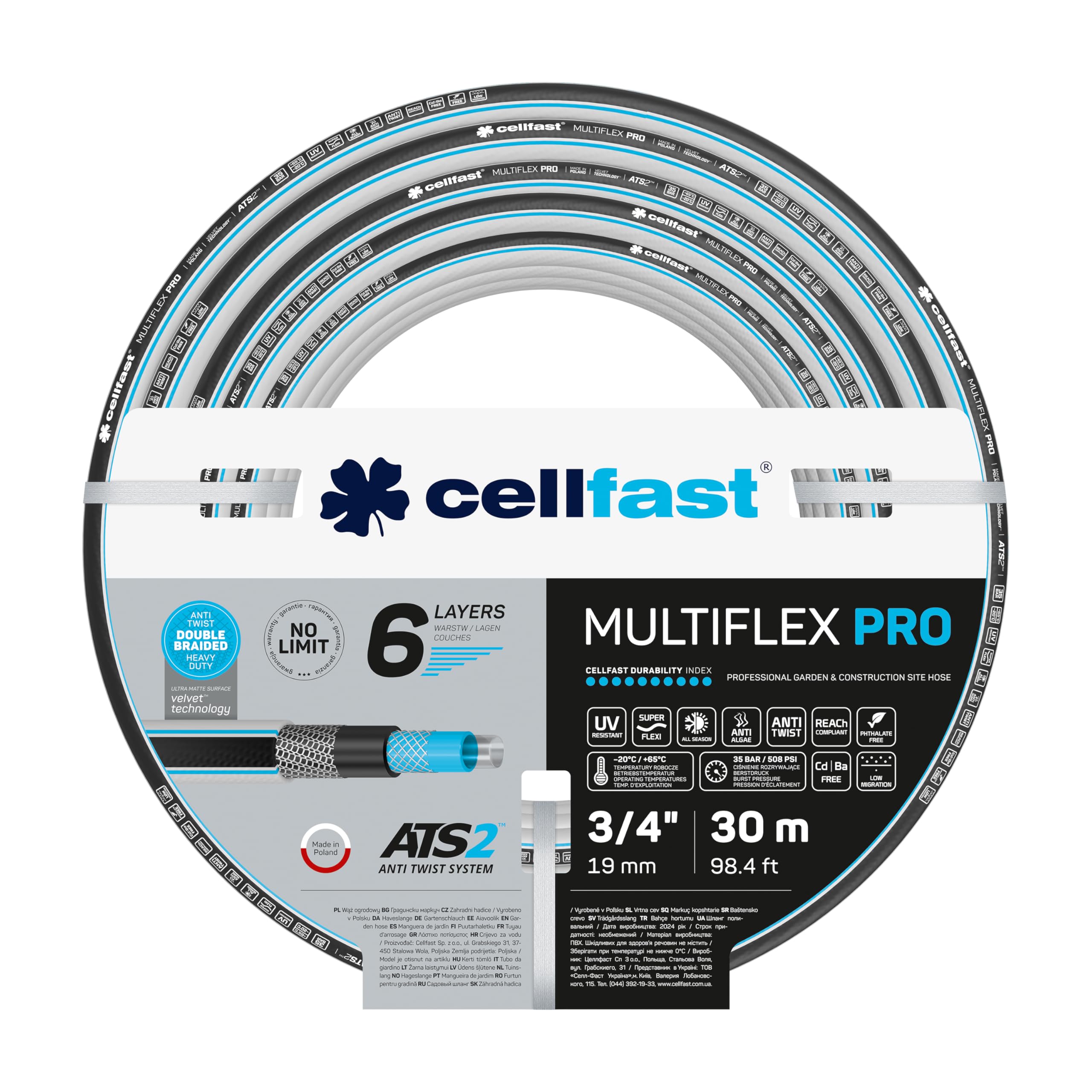Cellfast Tuyau de jardin MULTIFLEX PRO, Robuste, 6 Couches, Tresse Tricot ATS2, Résistant aux UV et aux algues, Sans métaux lourds, technologie velvet, 35 Bar, -20/+65°С Temp. 3/4", 30m