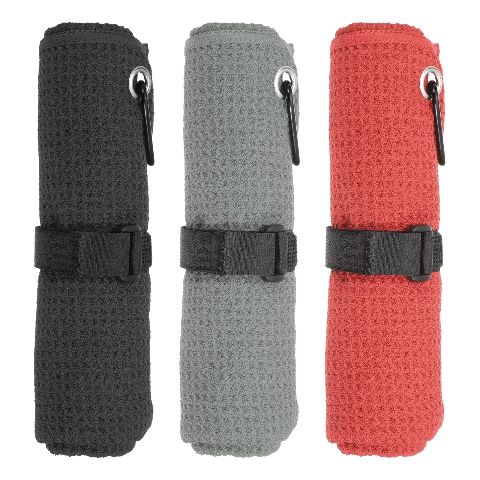 PATIKIL 24"x16" Microfiber Golf Towel, 3 Pack Tri-Fold Golf Towels Waffle Pattern Towels Absorption with D Clip, Hook and Loop Fastener, Black/Gray/Red