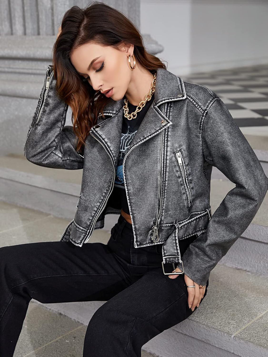 LY VAREY LIN Women Faux Leather Cropped Jacket Lapel Zipper Biker Short Coat with Belt - Image 4