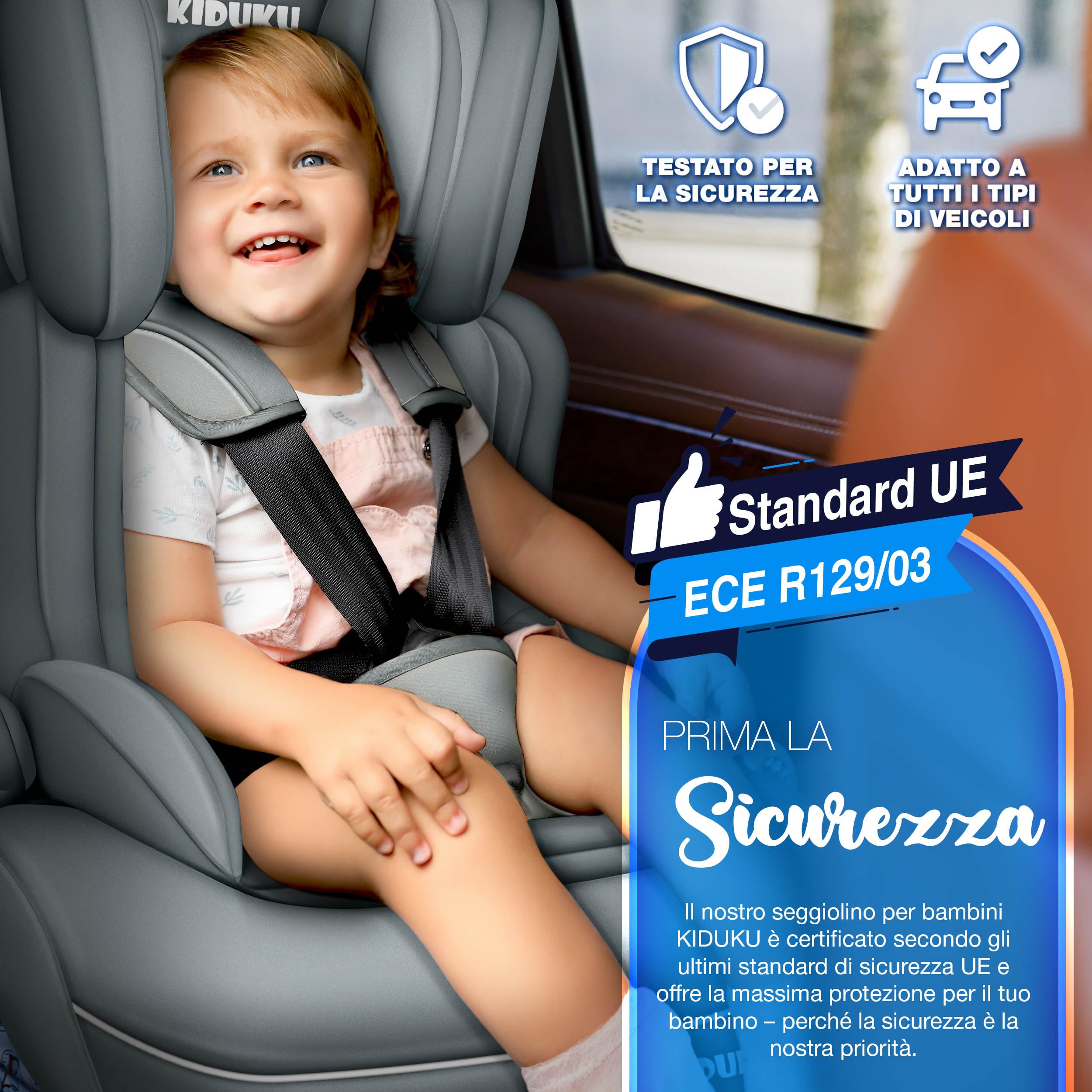 KIDUKU Seggiolino auto con coprisedile, cresce con il bambino, sedile, universale, approvato con la normativa ECE R129/03, 9-36 kg (1-12 anni), gruppo 1+2+3 (Grigio)