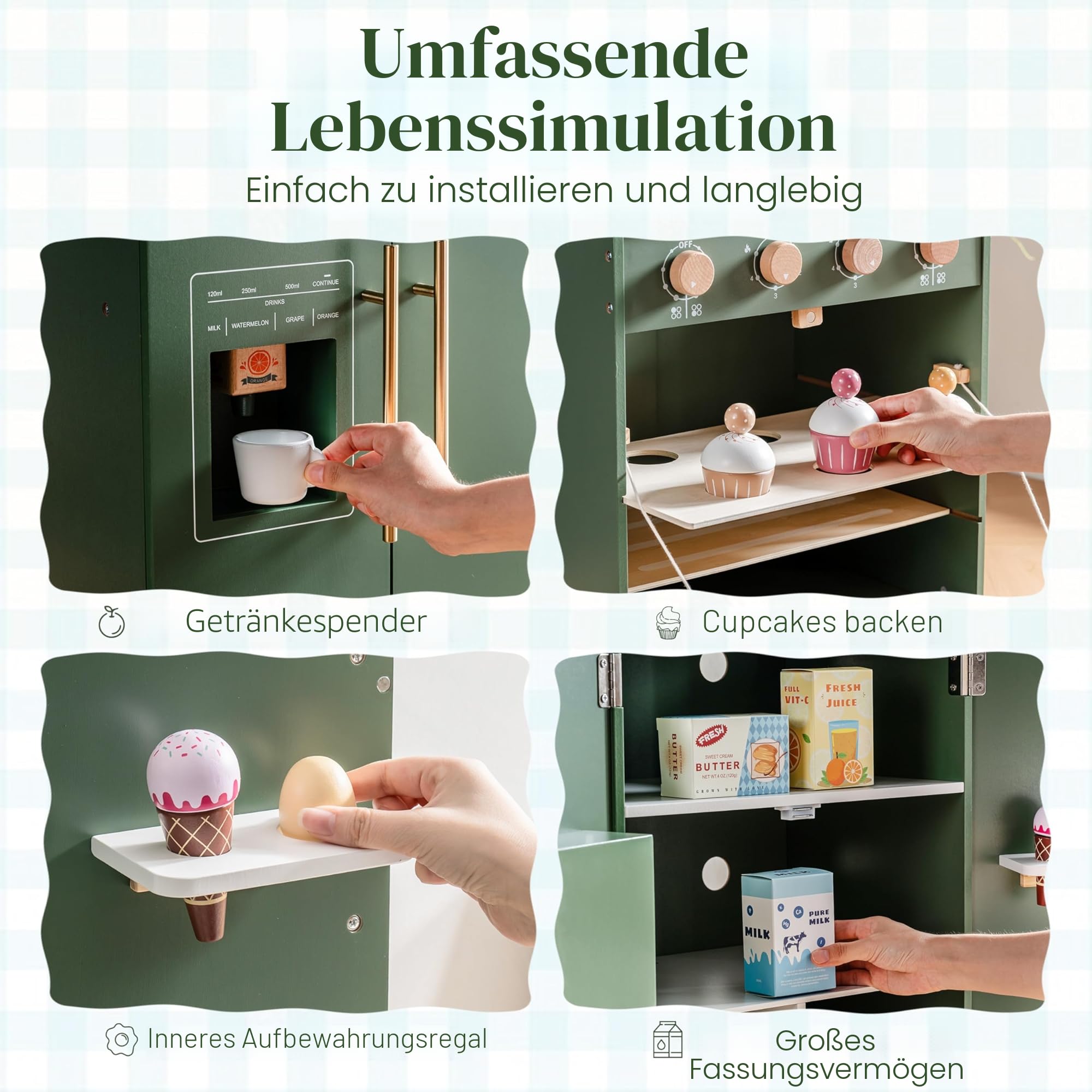 ROBOTIME Spielküche Holz mit Kühlschrank und Backofen, ab 3 Jahren | 3-in-1 Kinderküche Zubehör mit Eisspender, Spüle, Herd, Stauraum und Küchenutensilien, Vintage-Grün, Geschenk für Kinder