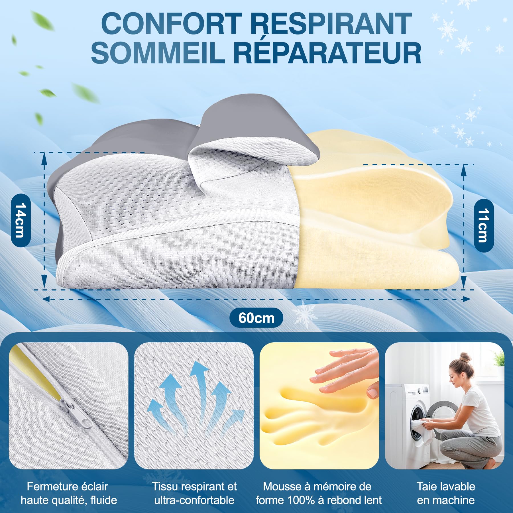 Oreiller Ergonomique Cervical Mémoire de Forme, Technologie Rafraîchissante, Ergonomique Cervical, Adapté pour Dormeurs de Côté, de Dos et sur Le Ventre Design de Haute Qualité