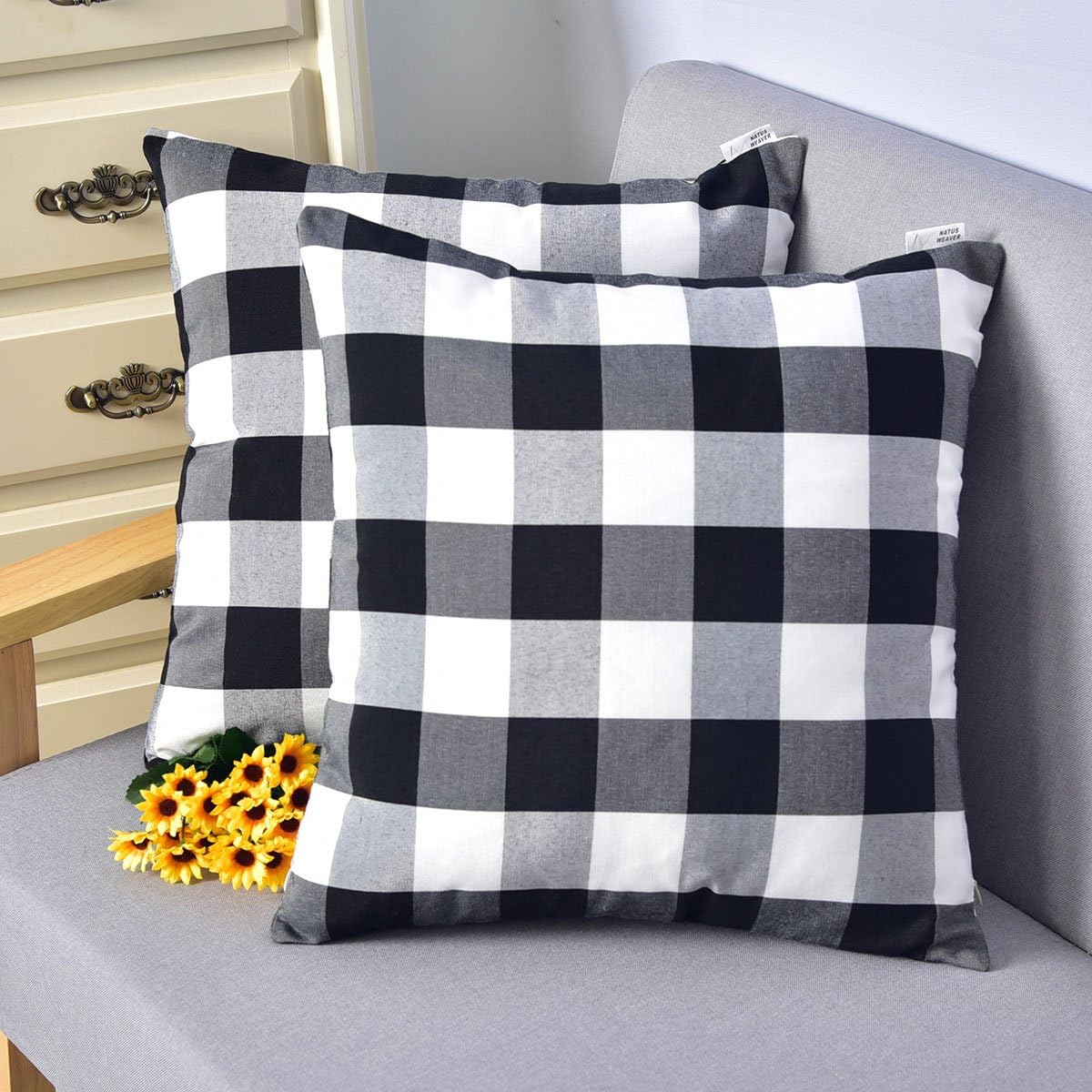 NATUS WEAVER 2 Pc Black White Cotton Buffalo Checker Plaid Square Throw Pillow Cover Decorative Cushion Sham Pillowcase for Sofa Floor Bedroom,24 x 24