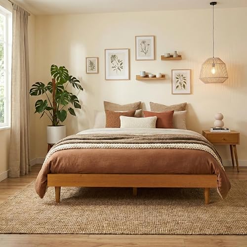 NTC Fly Wooden Bed Frame Without Headboard, Solid Oak and Rubber Wood Foundation with Silent Slats and Wood Central Supports, 1000 Lb Capacity, Effortless Assembly, King - Rustic Oak