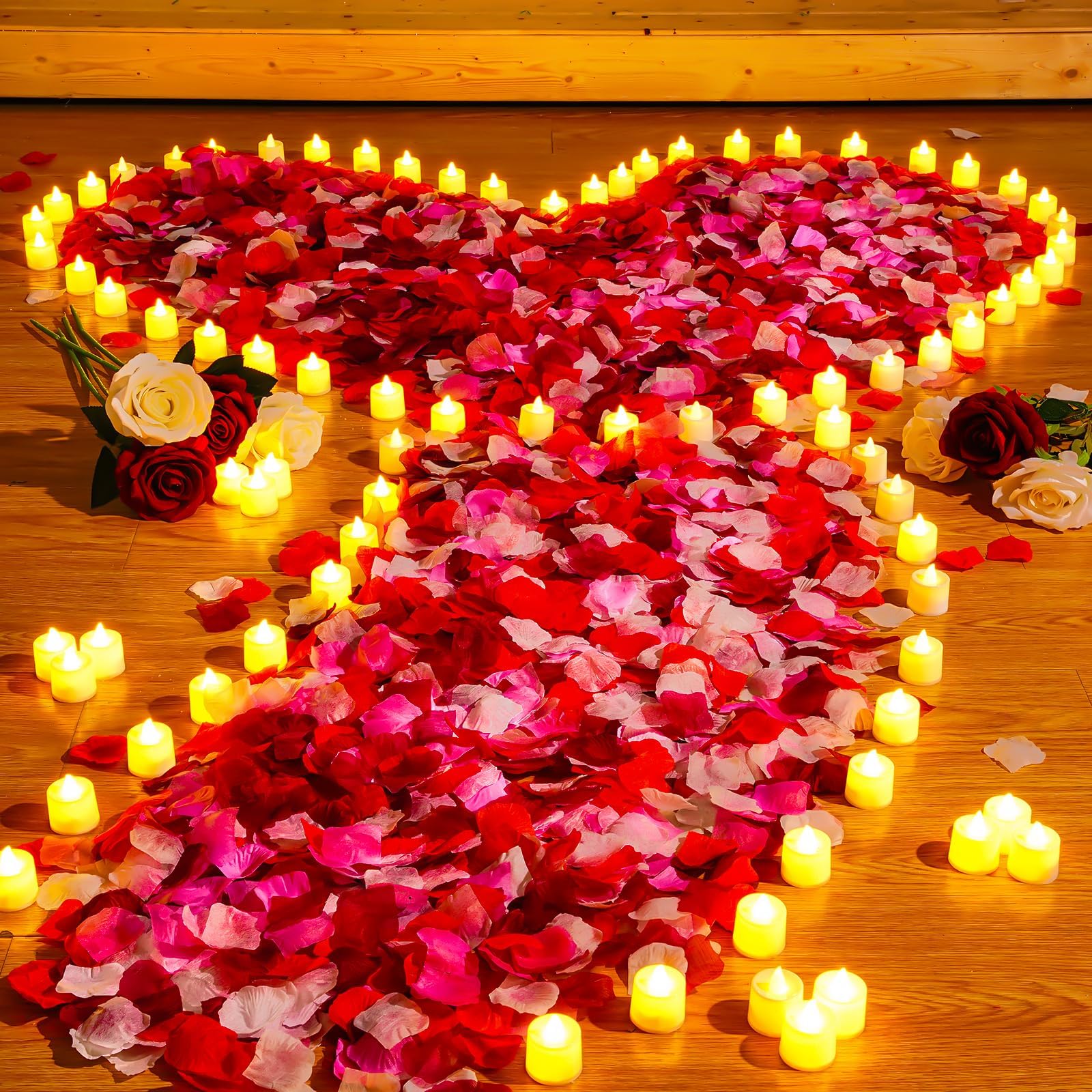 6000 Blue Rose Petals With 72 LED Candles - Romantic Anniversary Wedding Decor Set